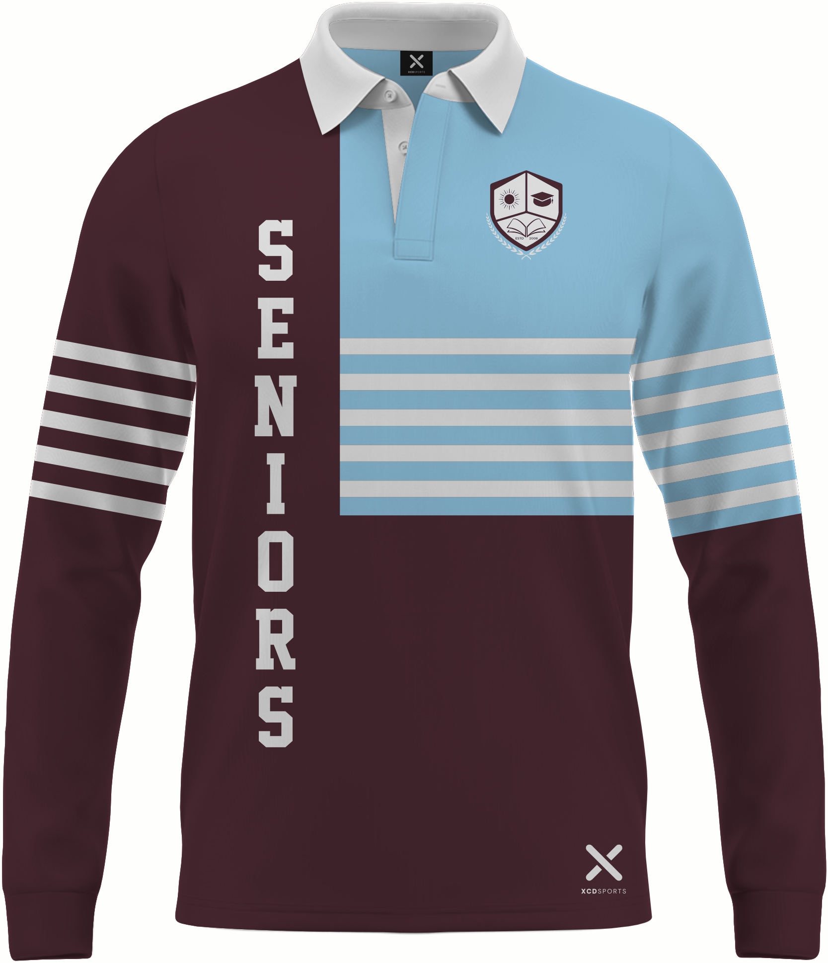 Design 6 – Quarter Block – Maroon / Sky / White School Leavers Jersey