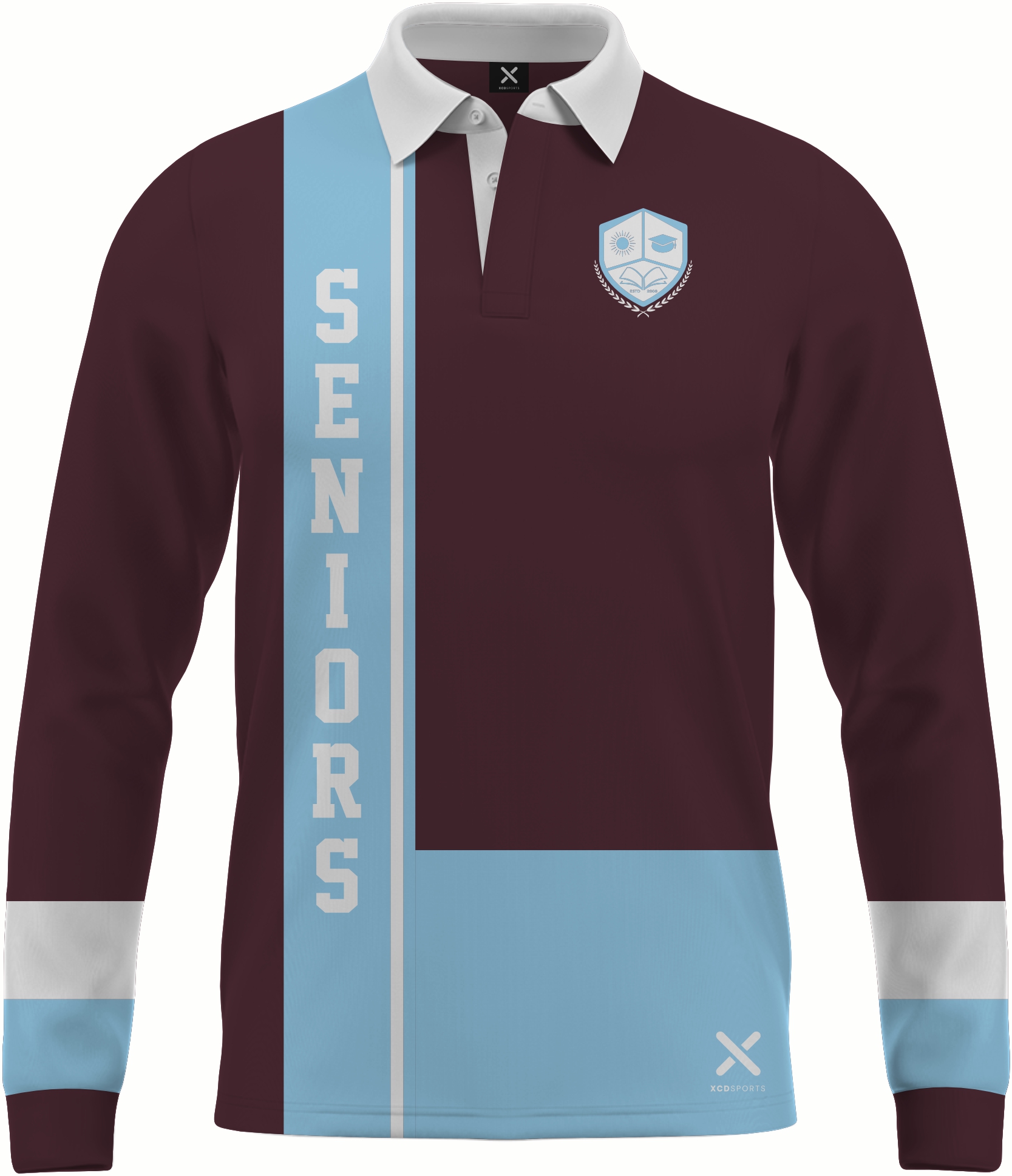 Design 10 – Seniors Panel – Maroon / Sky Blue School Leavers Jersey