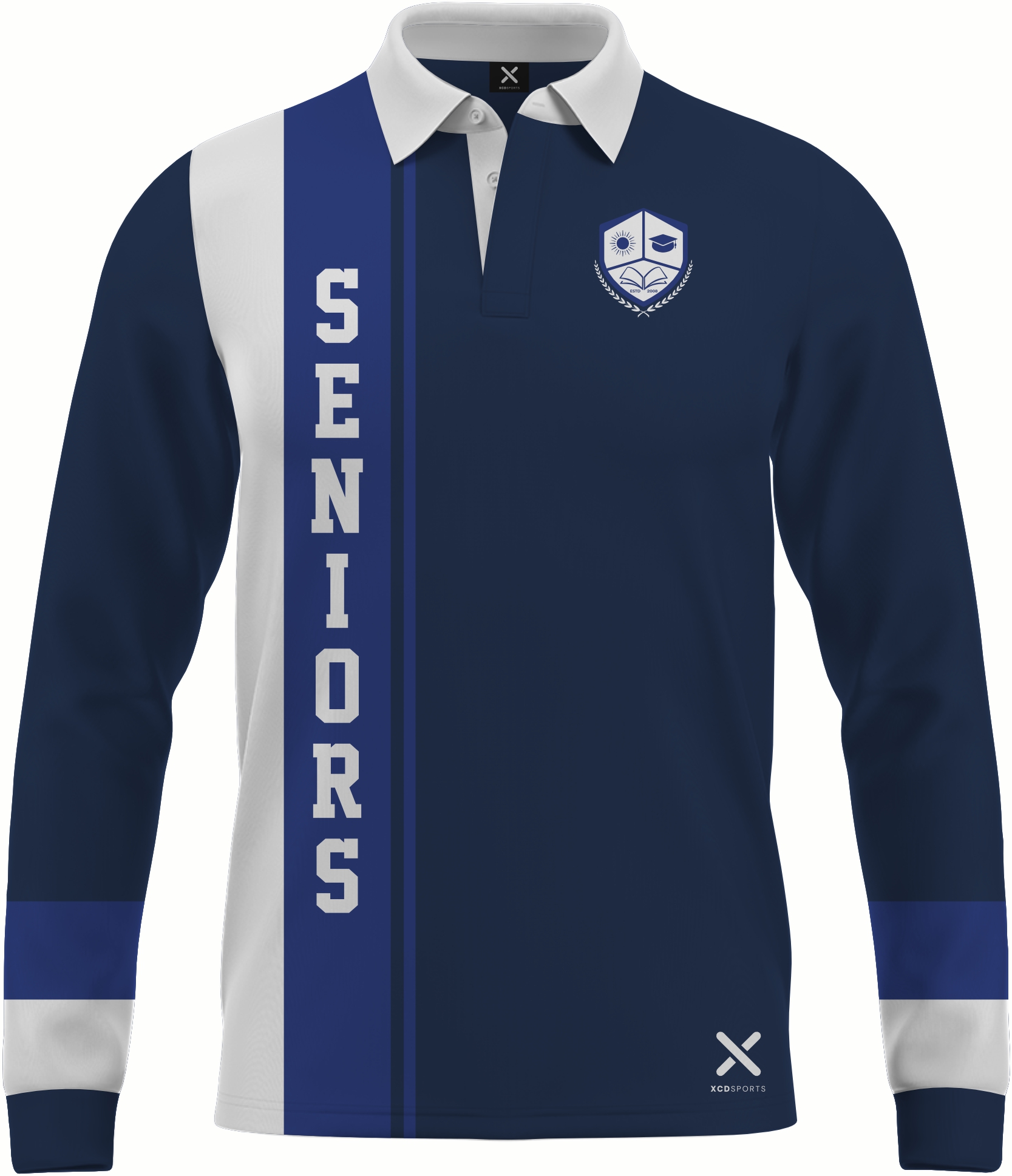 Design 2 – Vertical Stripe – Navy / Royal Blue / White School Leavers Jersey
