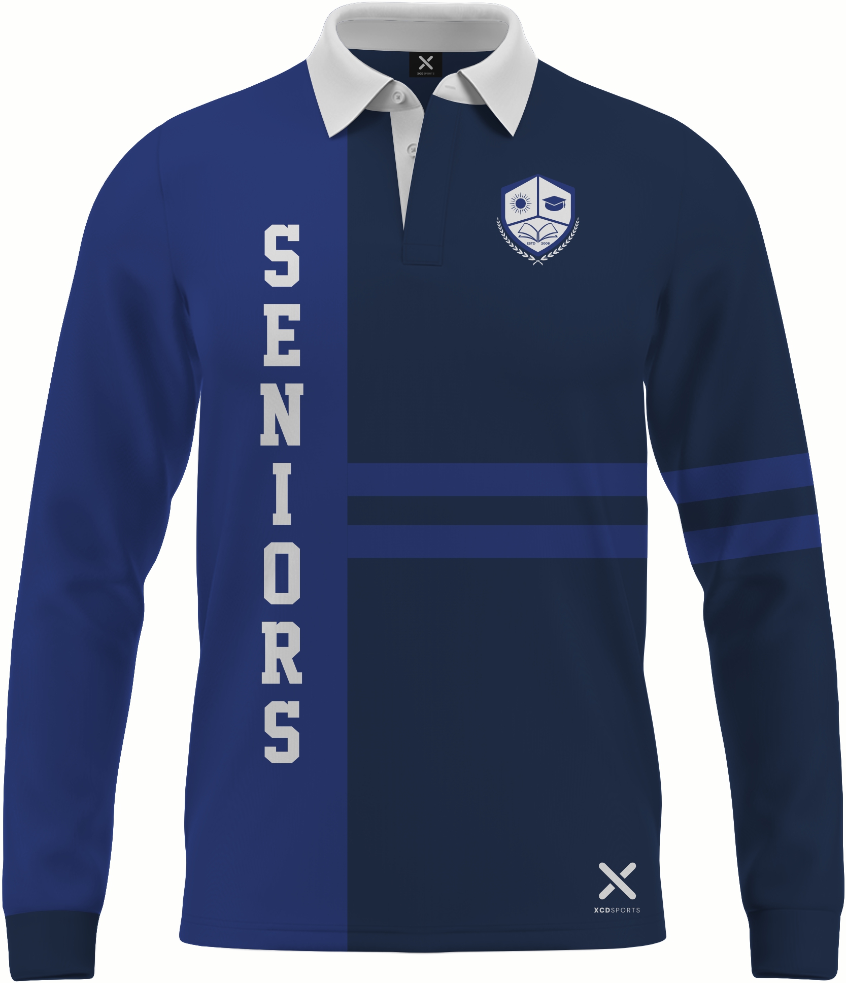 Design 9 – Twin Stripe – Navy / Royal Blue School Leavers Jersey