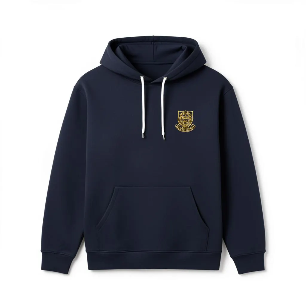 Custom navy School Leavers hoodie with embroidered crest