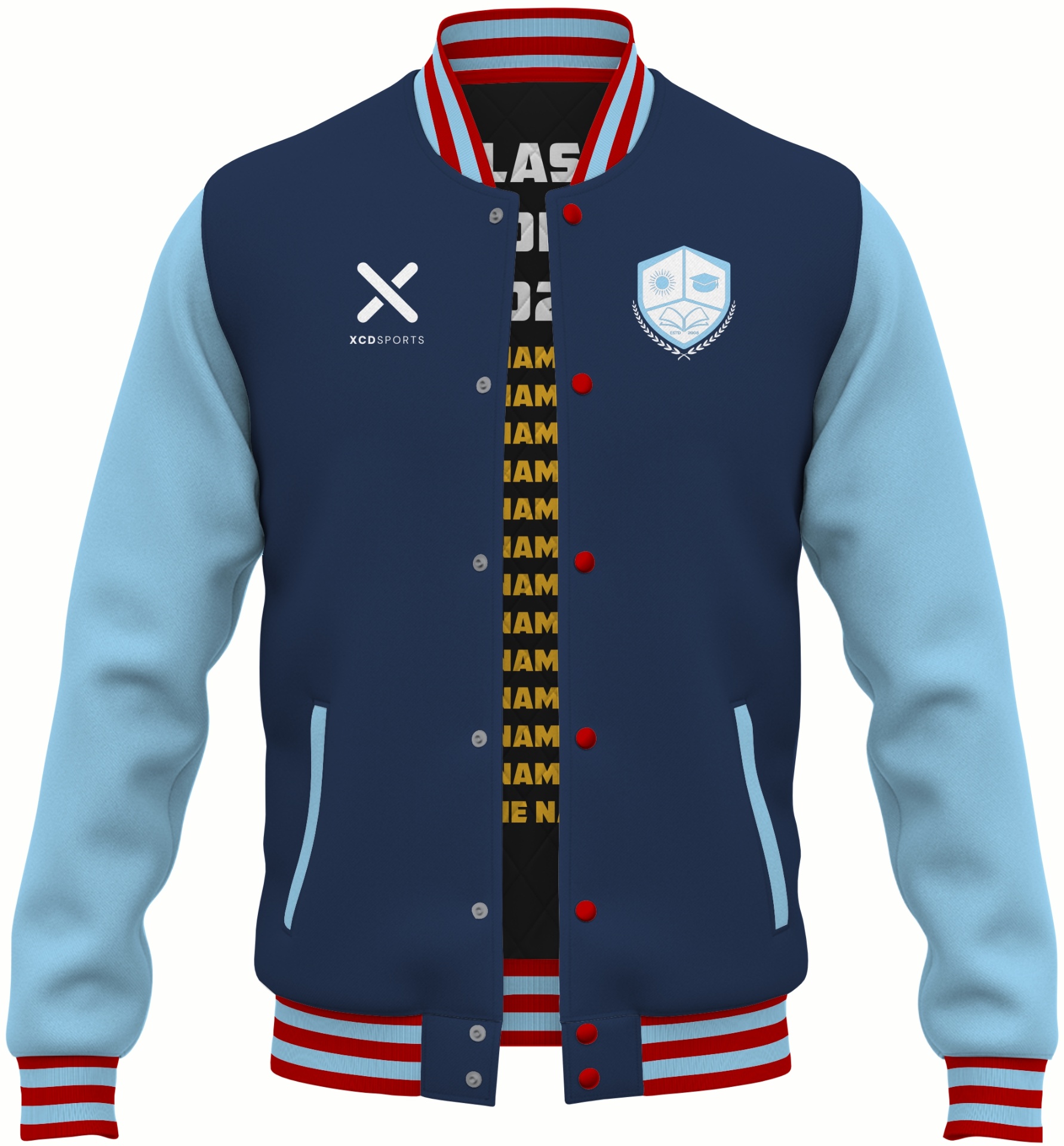 Varsity Design 33 – Two-Tone Raglan – Navy / Sky / Red Varsity Jacket