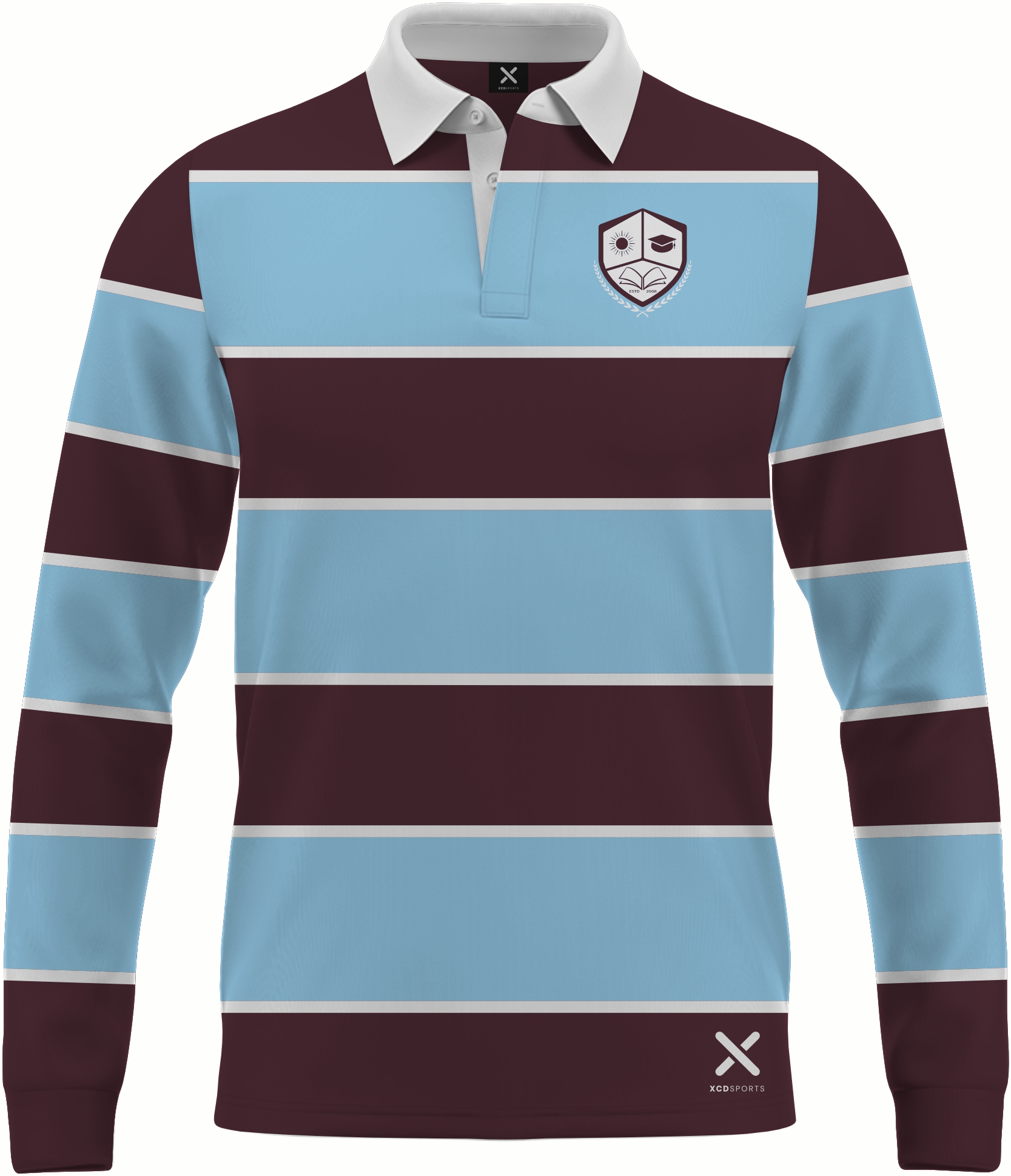 Design 14 – Banded Hoops – Maroon / Sky Blue School Leavers Jersey