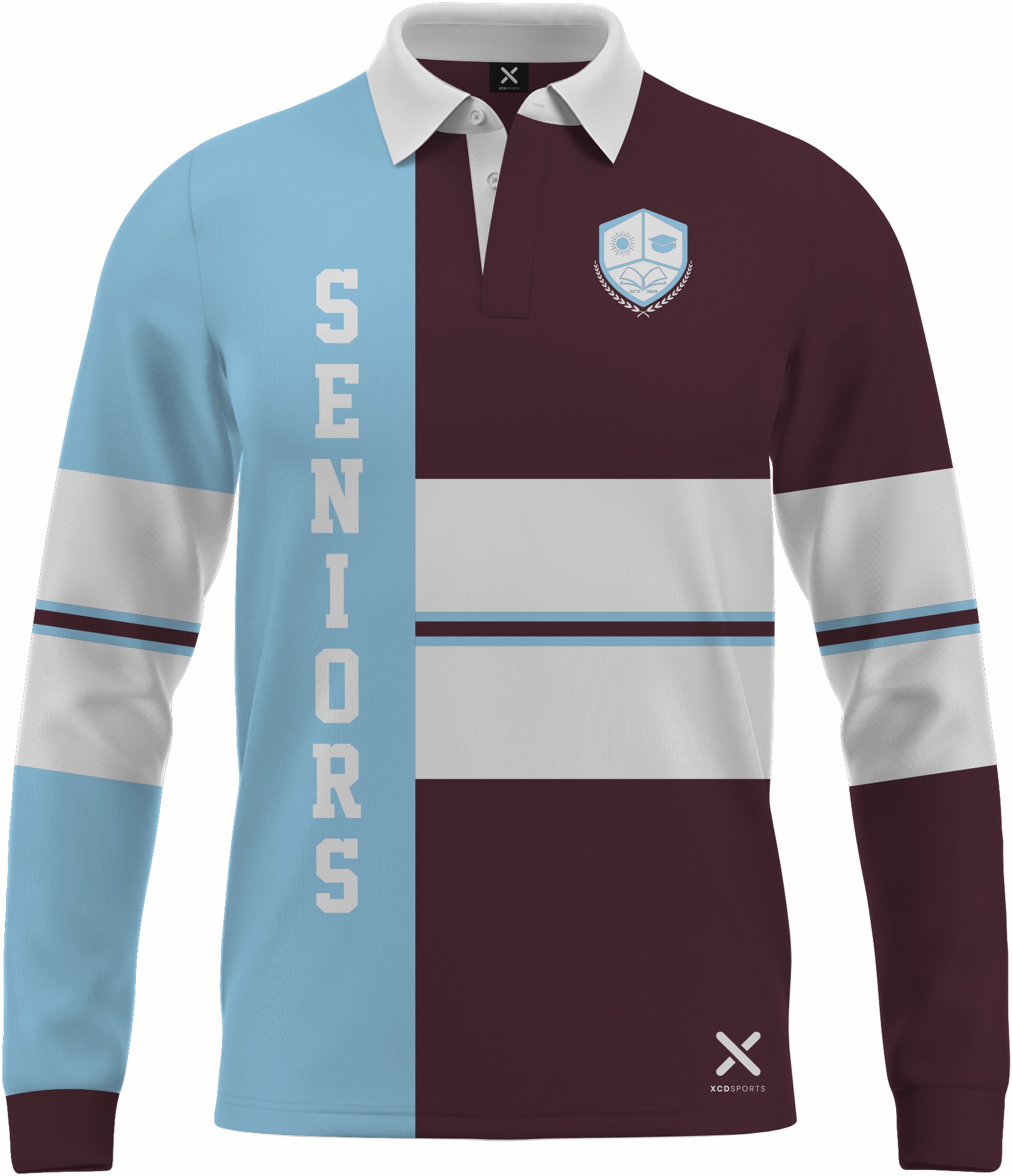Design 11 – Cross Stripe – Maroon / Sky Blue School Leavers Jersey