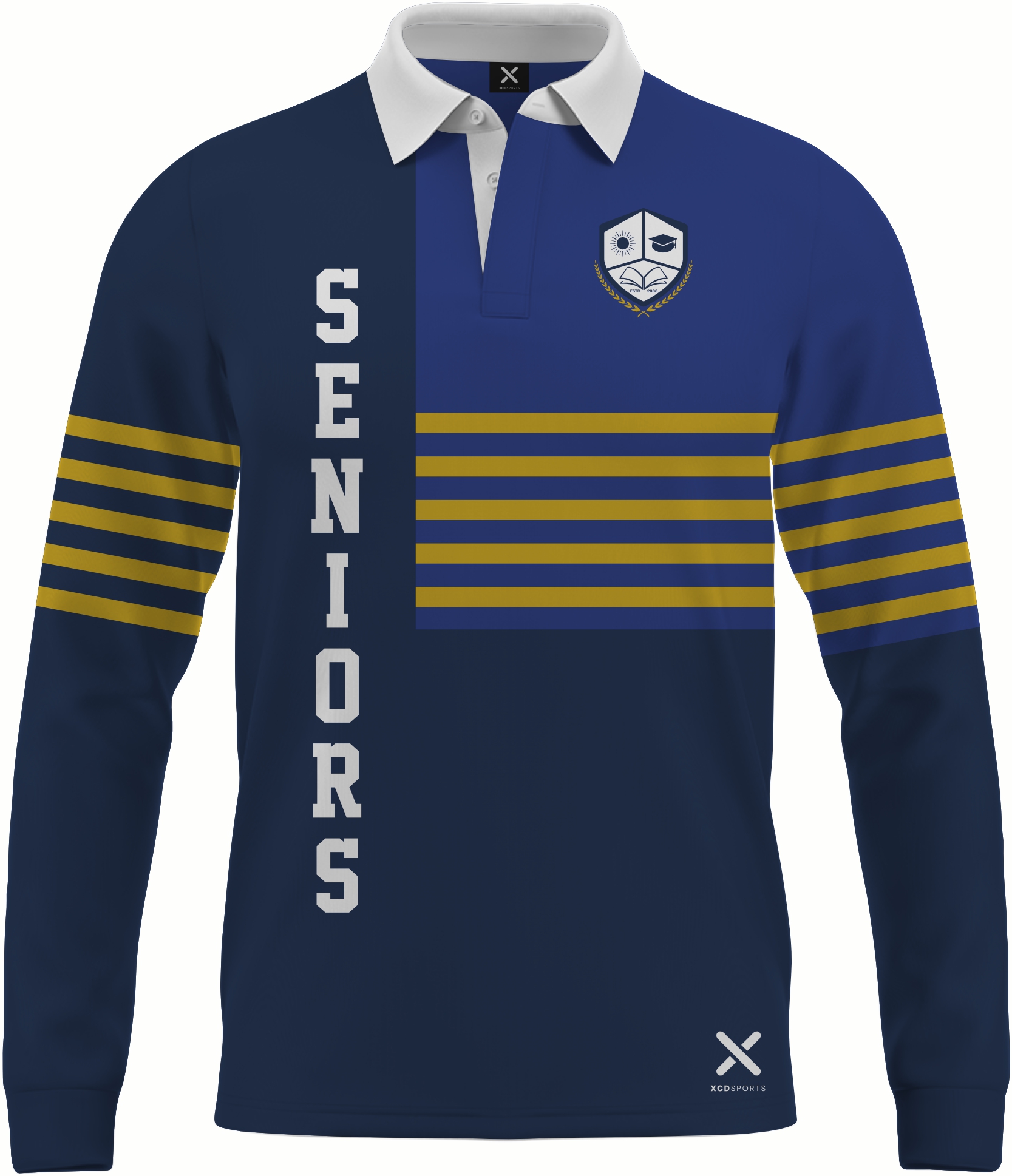 Design 6 – Quarter Block – Navy / Royal / Gold School Leavers Jersey