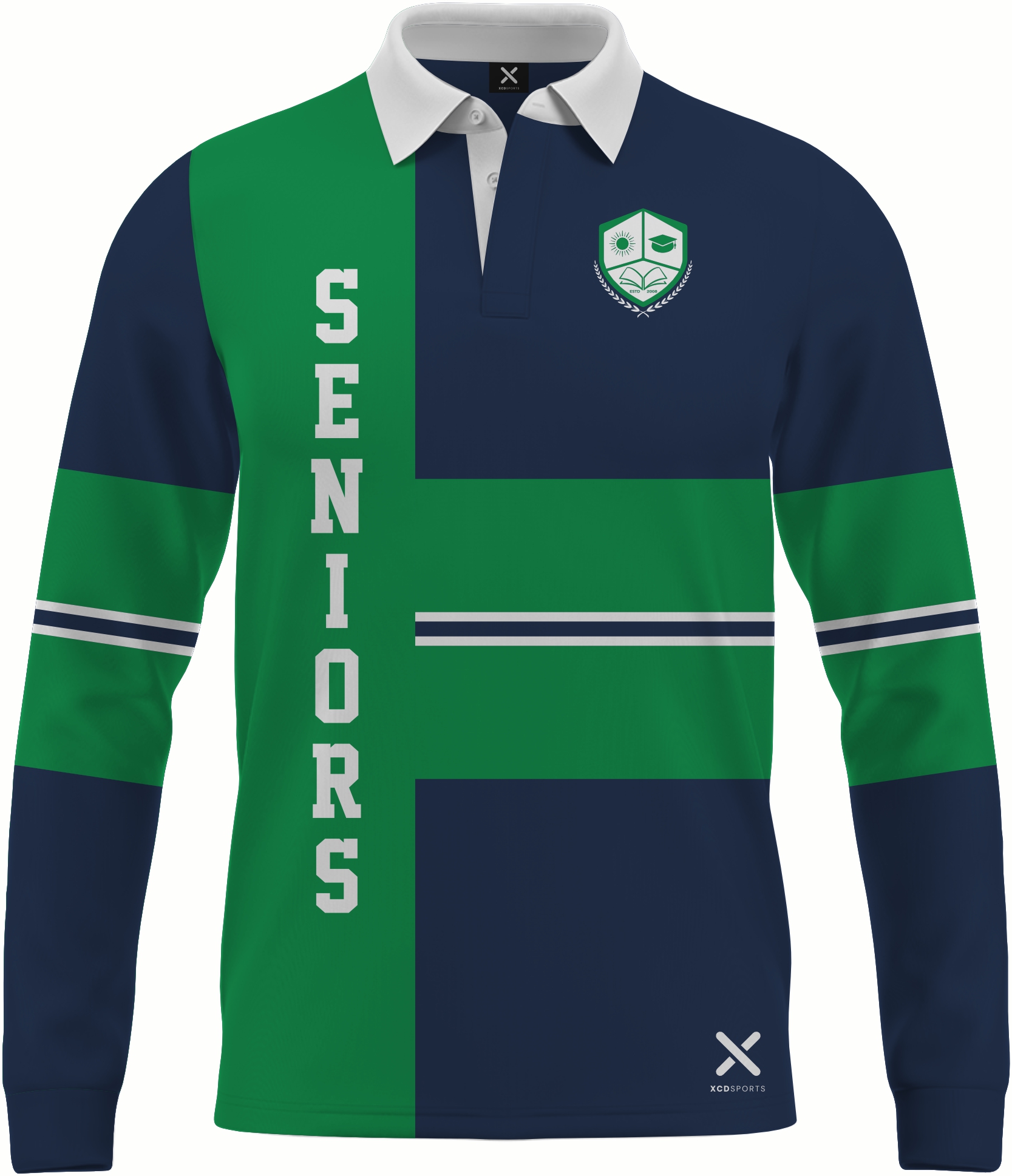 Design 11 – Cross Stripe – Navy / Green School Leavers Jersey