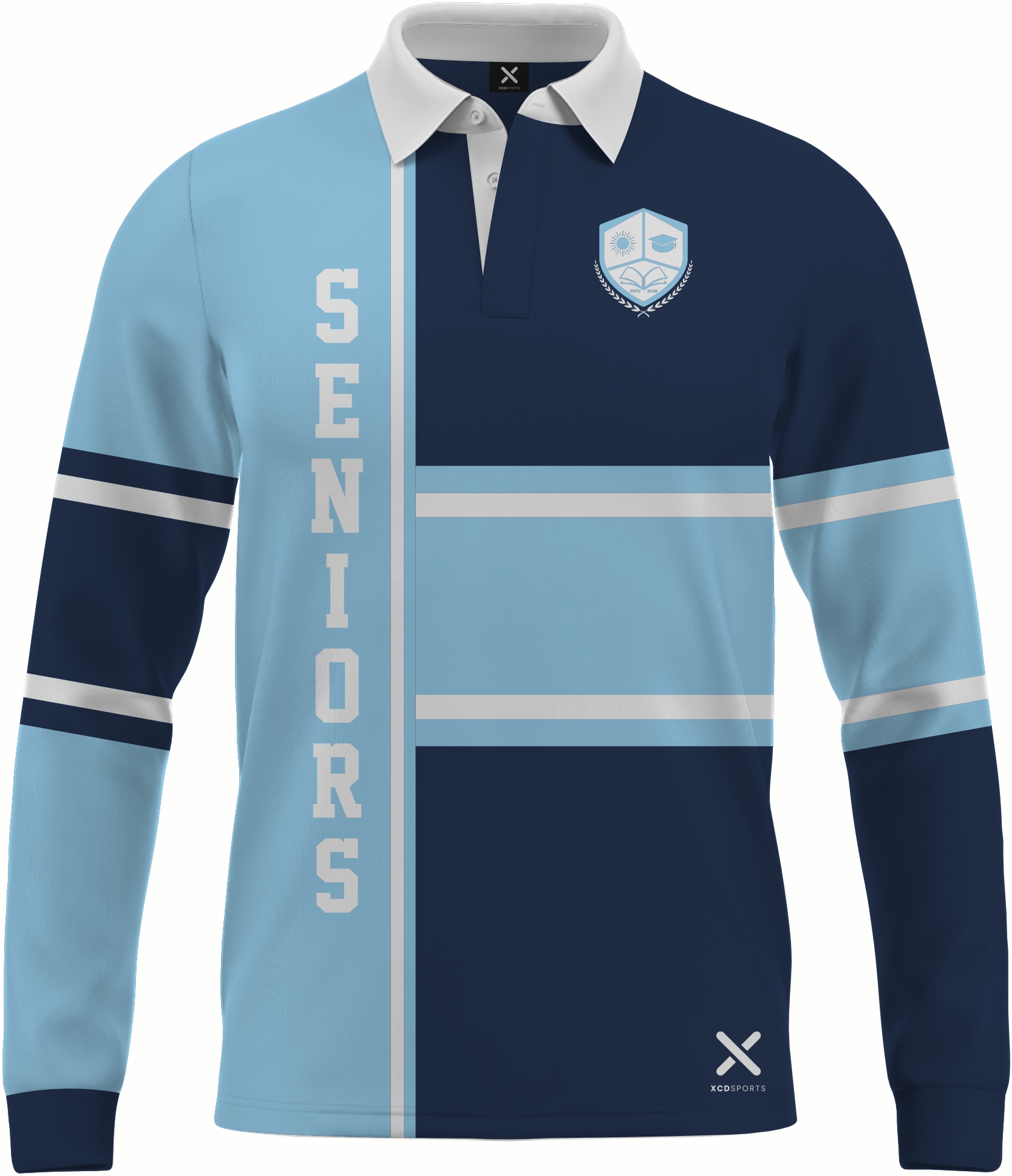Design 3 – Split Panel – Navy / Sky Blue School Leavers Jersey