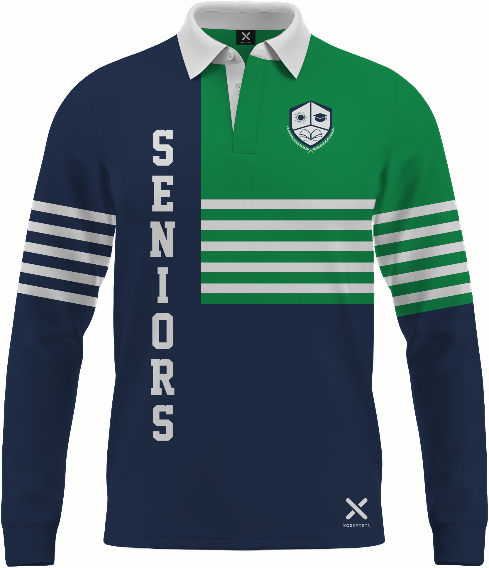 Design 6 – Quarter Block – Navy / Green / White School Leavers Jersey