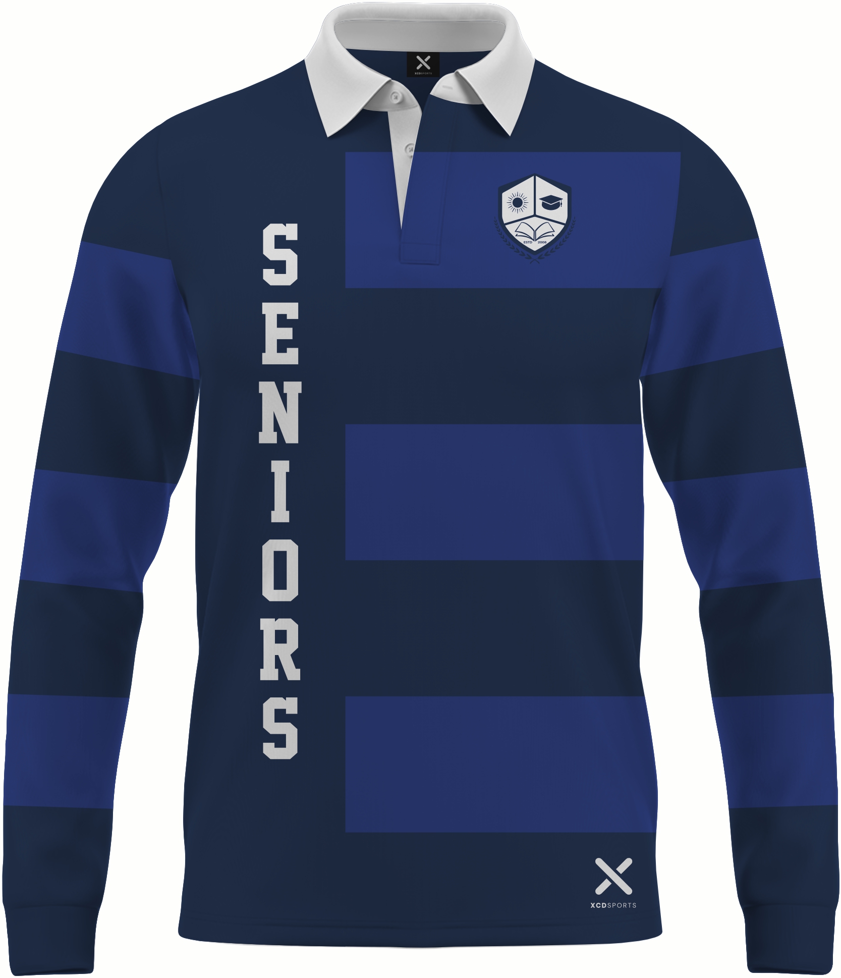 Design 1 – Hooped Classic – Navy / Royal Blue School Leavers Jersey