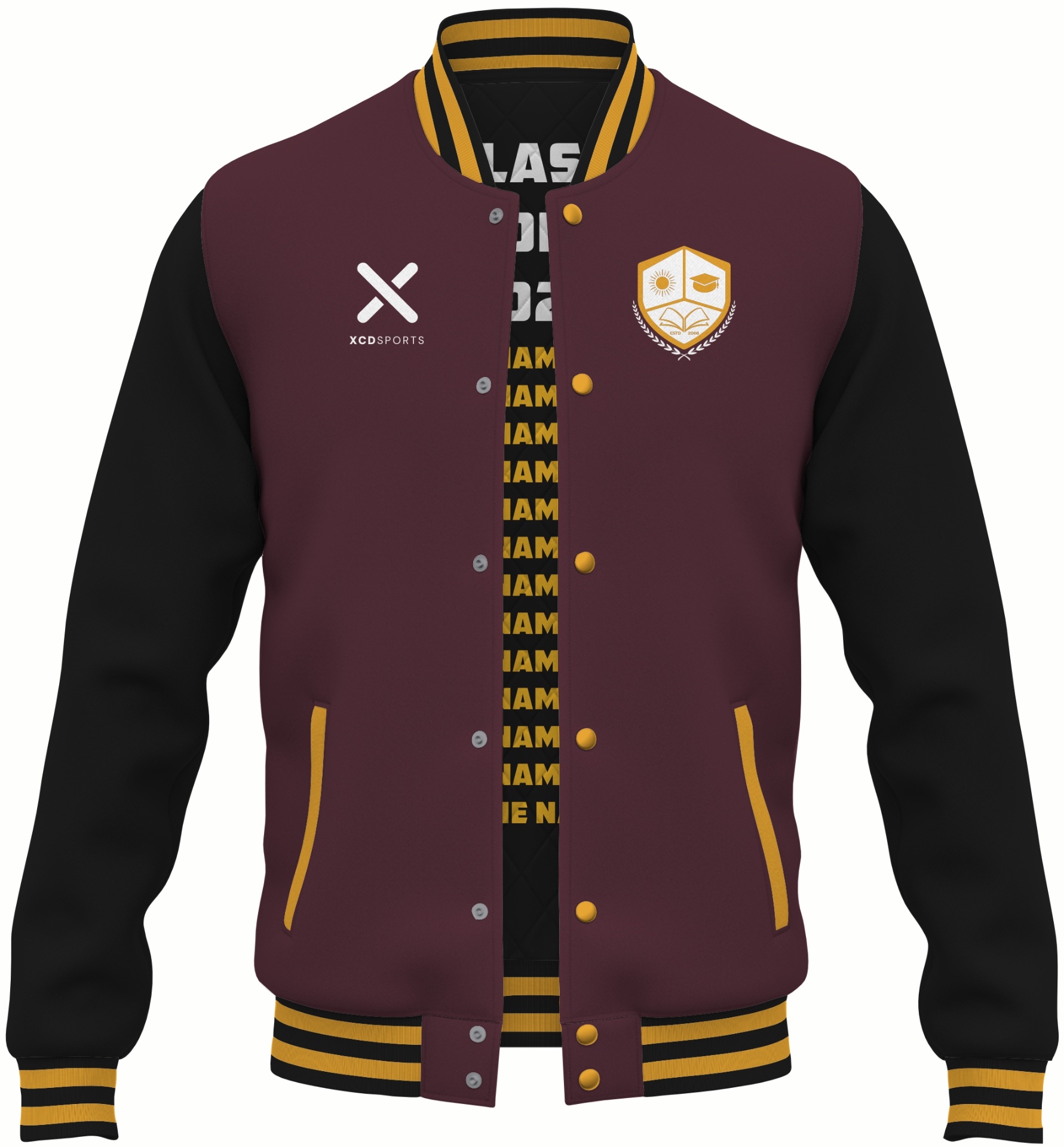 Varsity Design 36 – Two-Tone Raglan – Maroon / Black / Gold Varsity Jacket