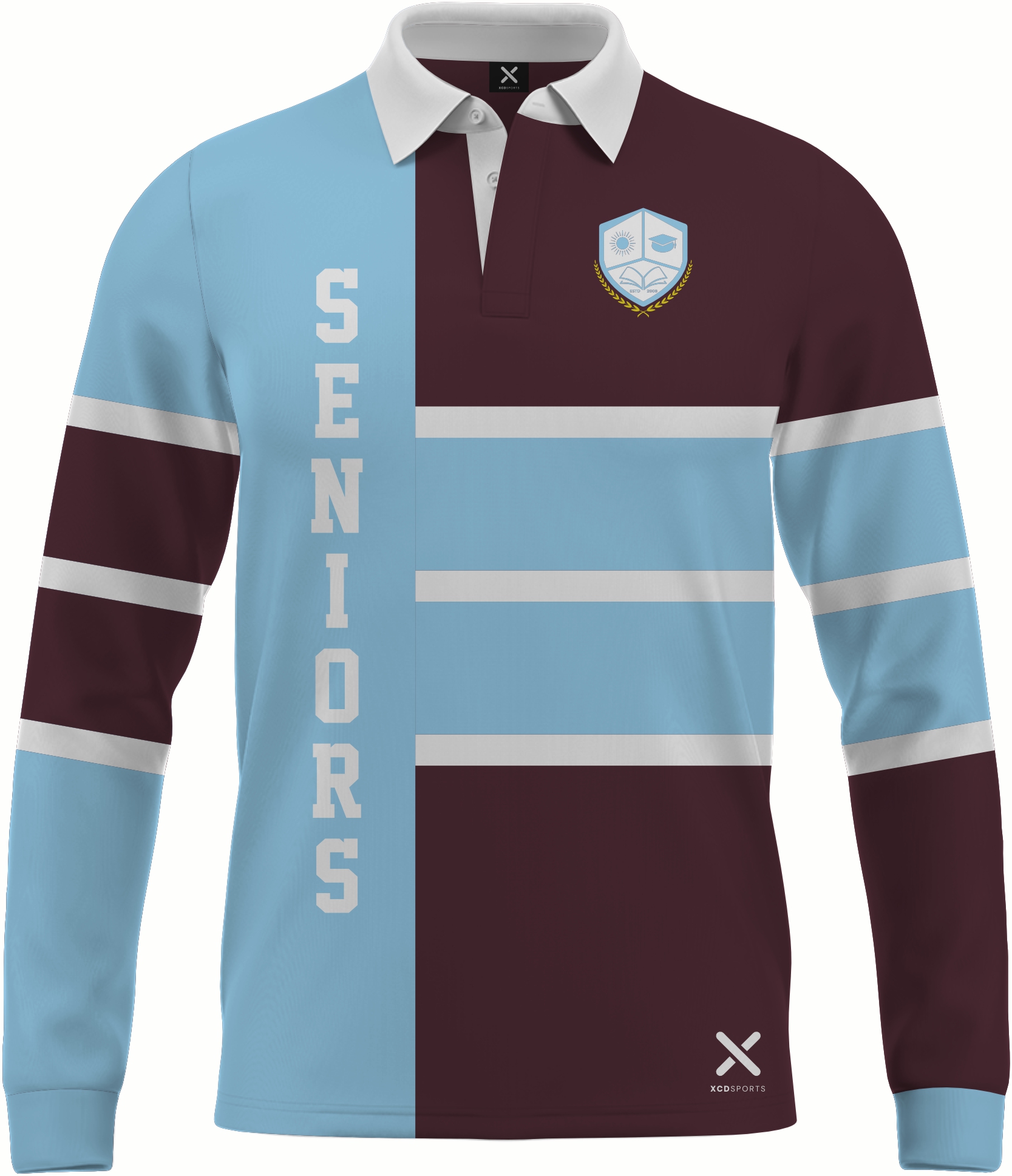 Design 5 – Bold Bands – Sky Blue / Maroon School Leavers Jersey