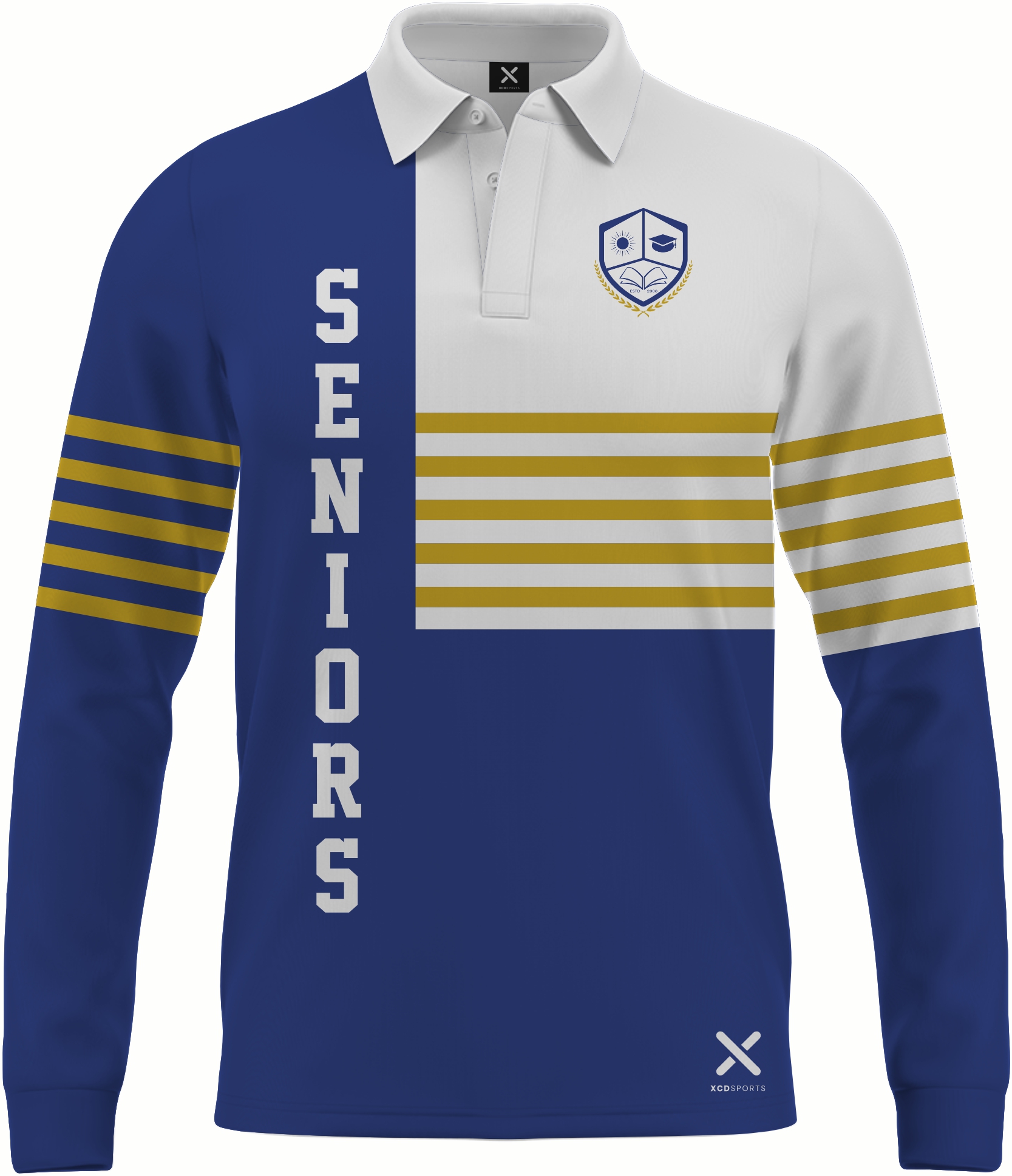Design 6 – Quarter Block – Royal Blue / White / Gold School Leavers Jersey