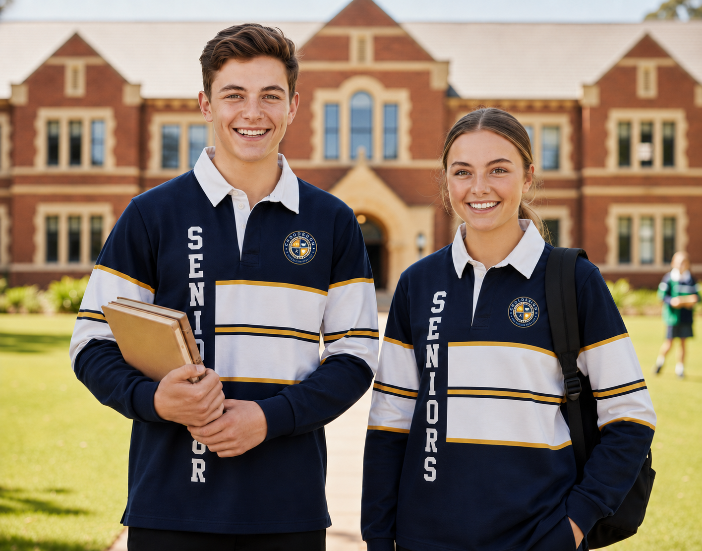 Group of four students wearing matching custom green XCD Sports varsity jackets