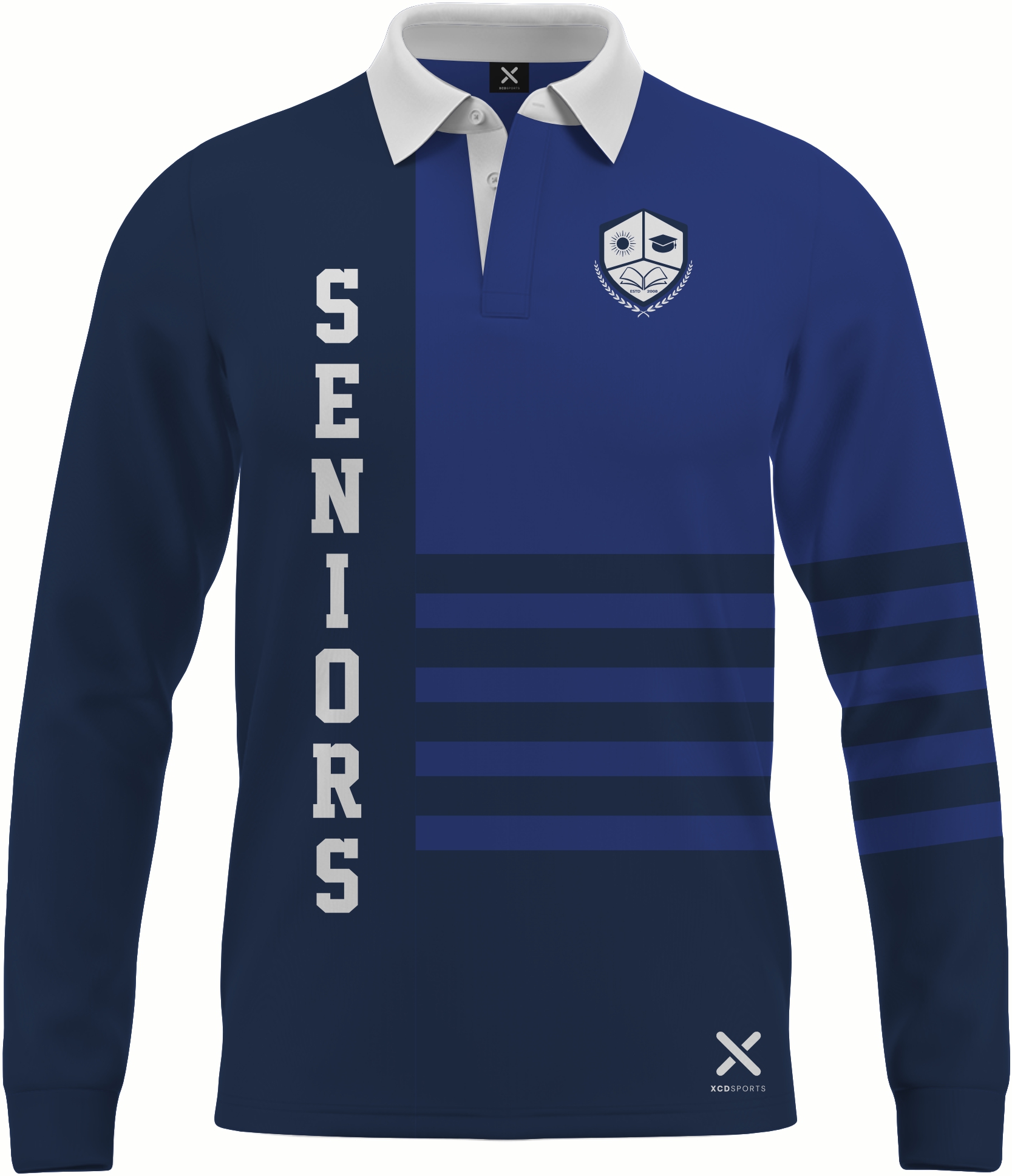 Design 4 – Seniors Long Sleeve – Navy / Royal Blue School Leavers Jersey