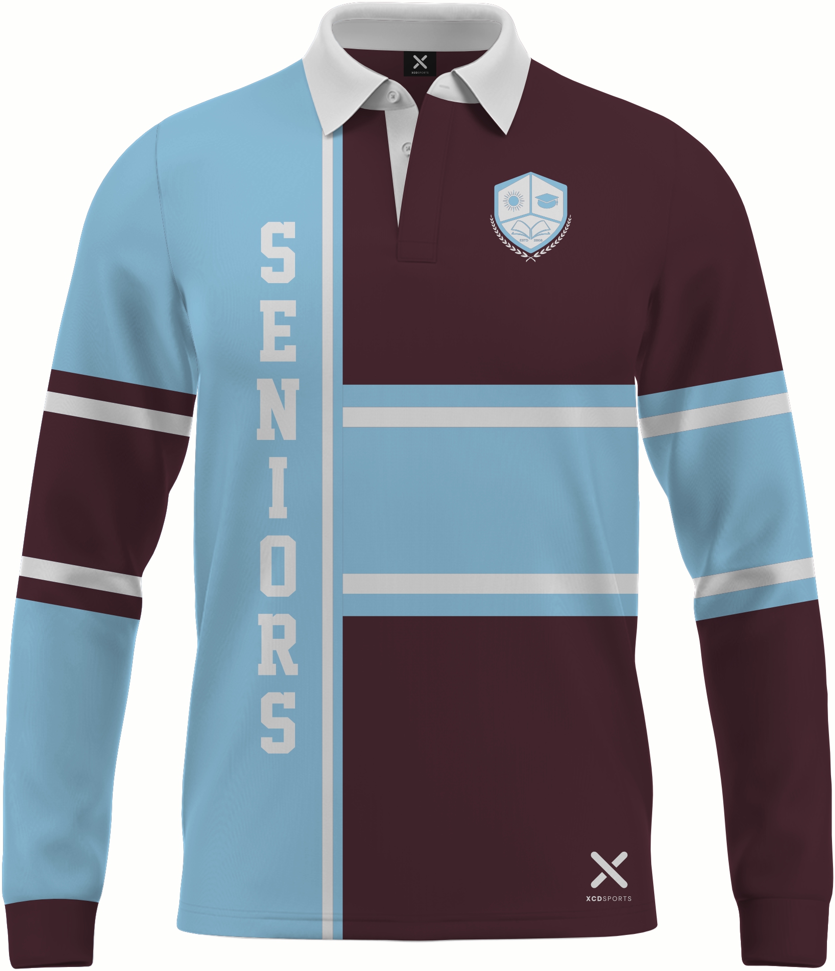 Design 3 – Split Panel – Maroon / Sky Blue School Leavers Jersey