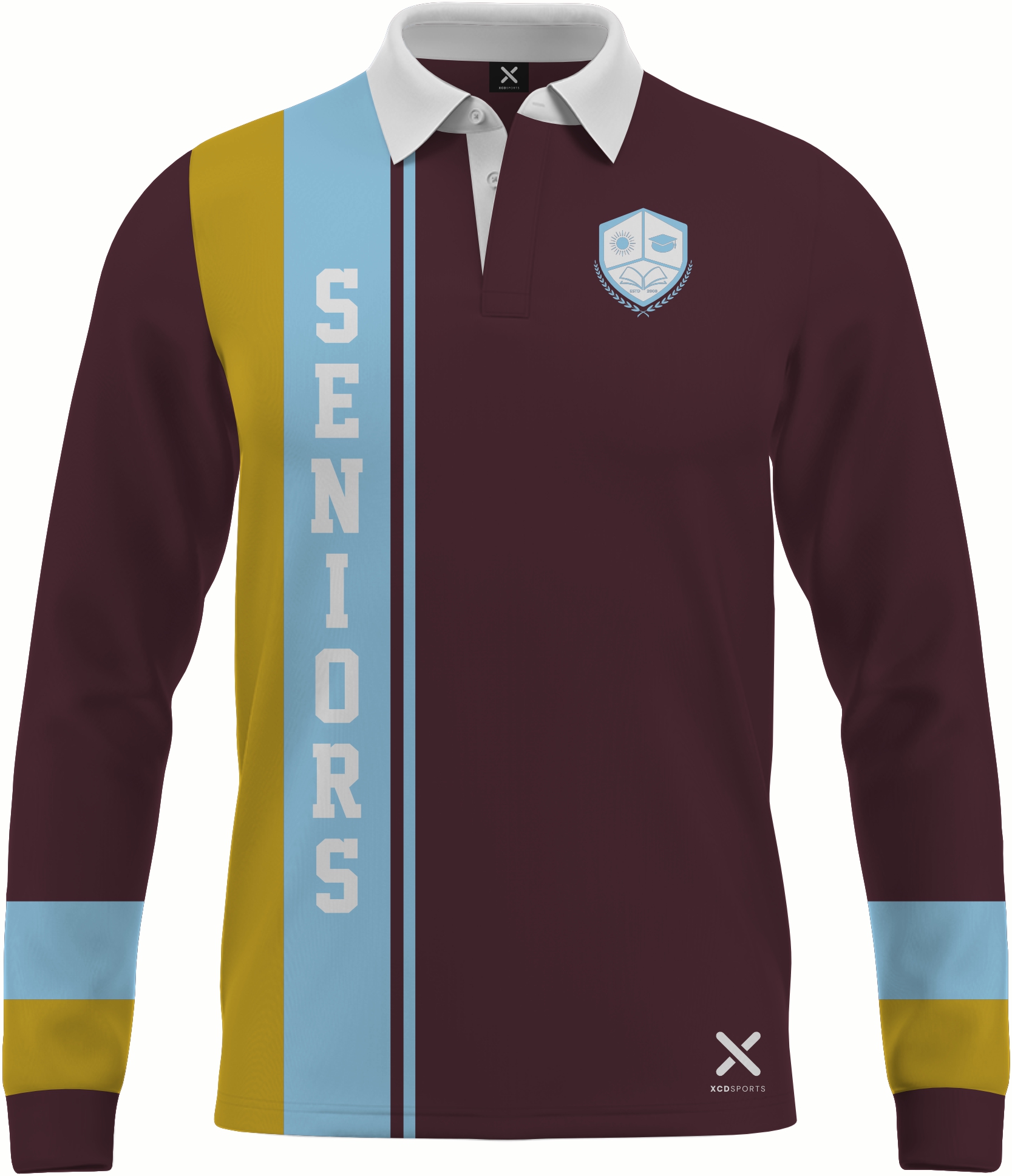 Design 2 – Vertical Stripe – Maroon / Sky Blue / Gold School Leavers Jersey