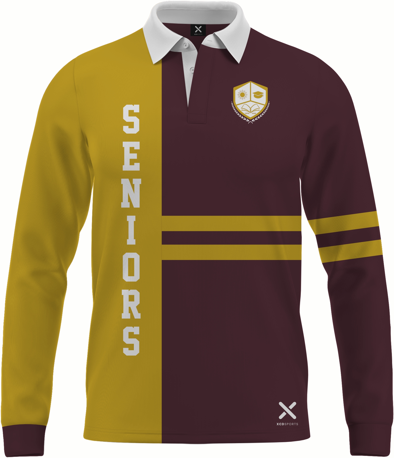 Design 9 – Twin Stripe – Maroon / Gold School Leavers Jersey