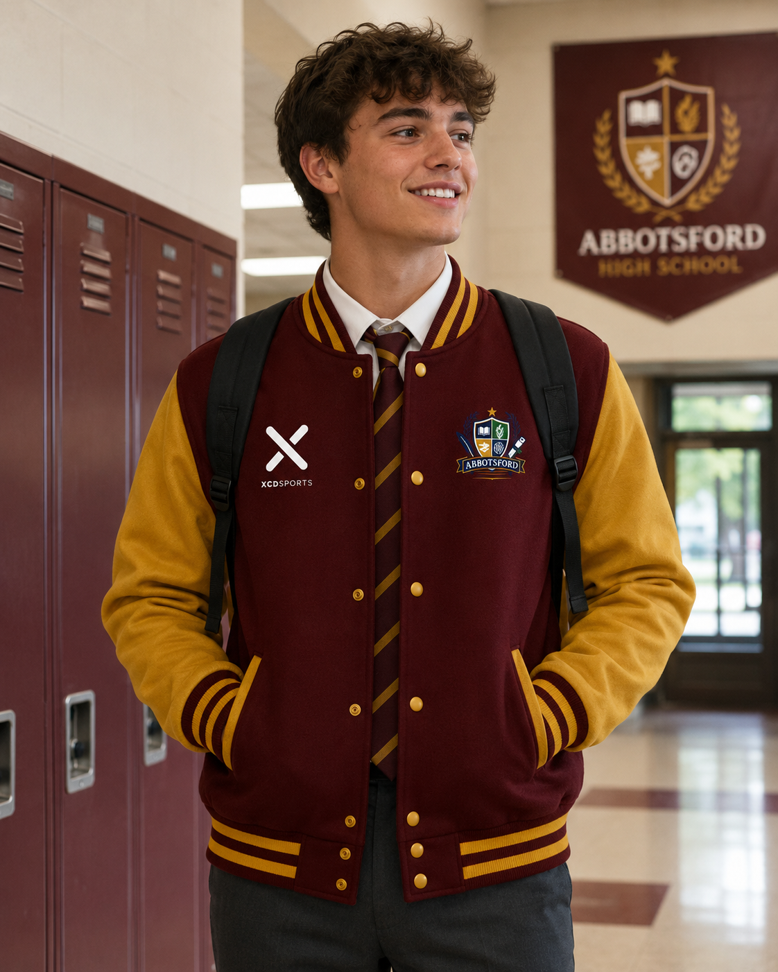Student wearing a custom maroon and gold Abbotsford High School varsity jacket in a school hallway