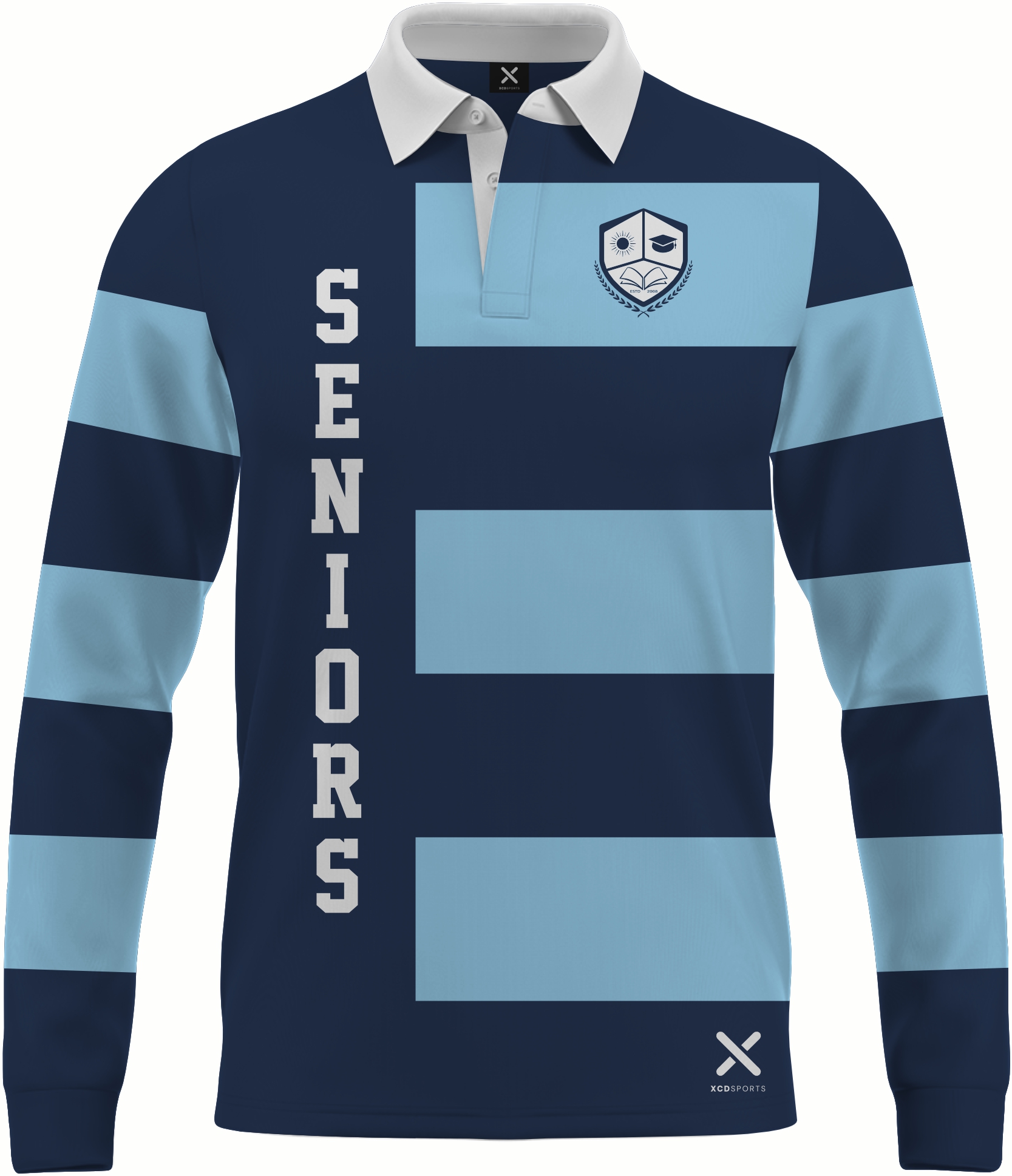 Design 1 – Hooped Classic – Navy / Sky Blue School Leavers Jersey