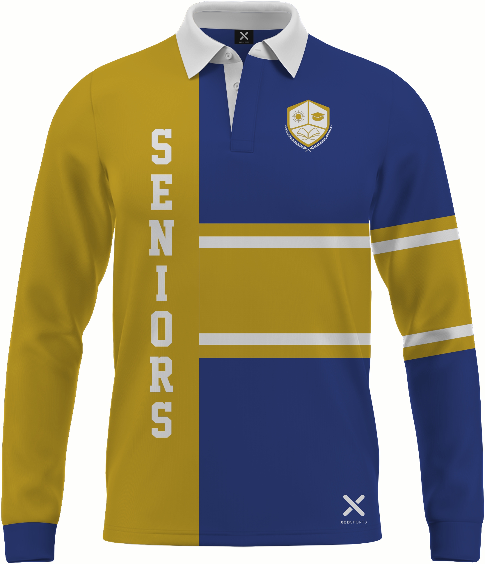 Design 8 – Rugby Split – Royal Blue / Gold School Leavers Jersey