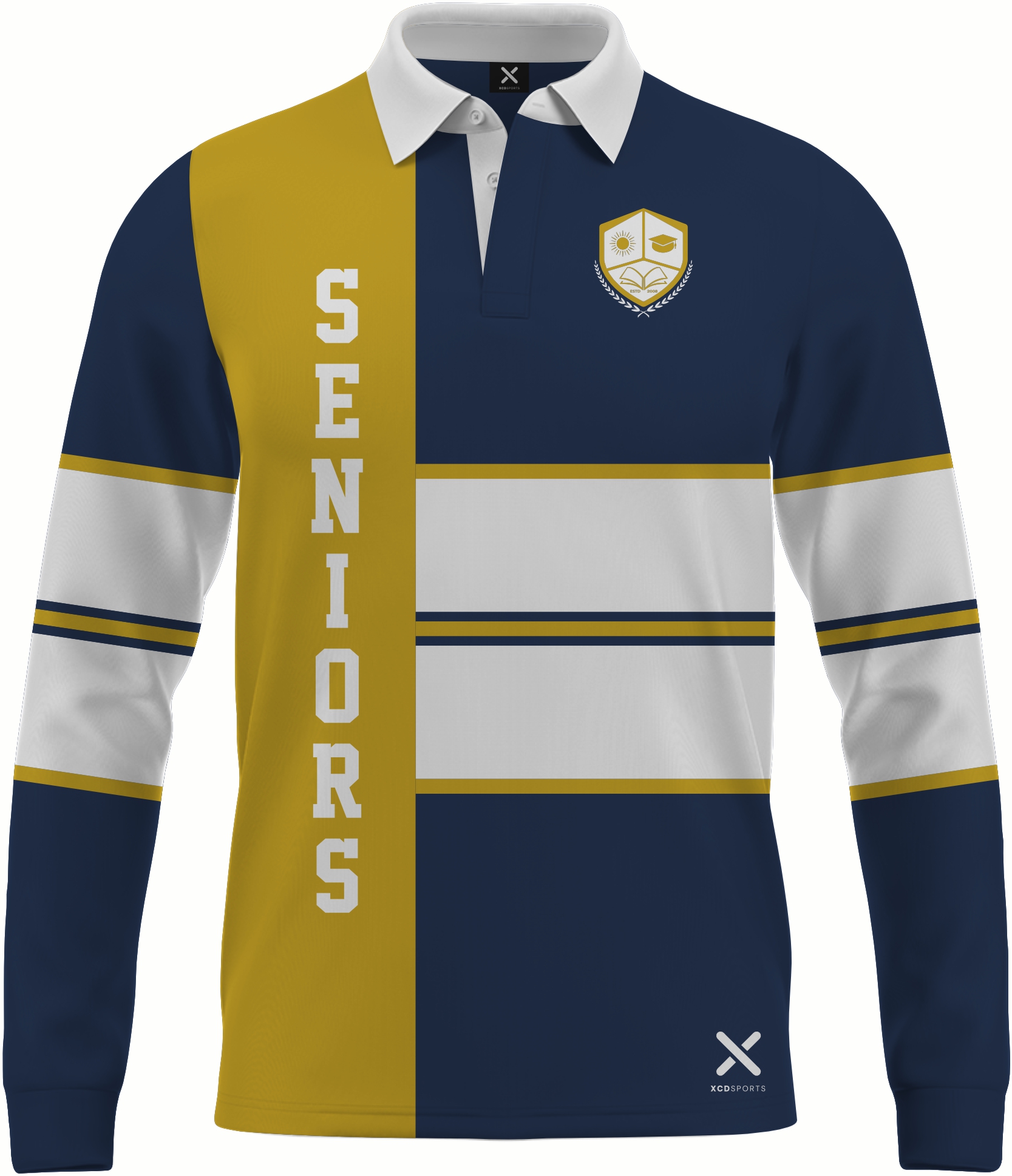 Design 7 – Cross Stripe – Navy / Gold School Leavers Jersey