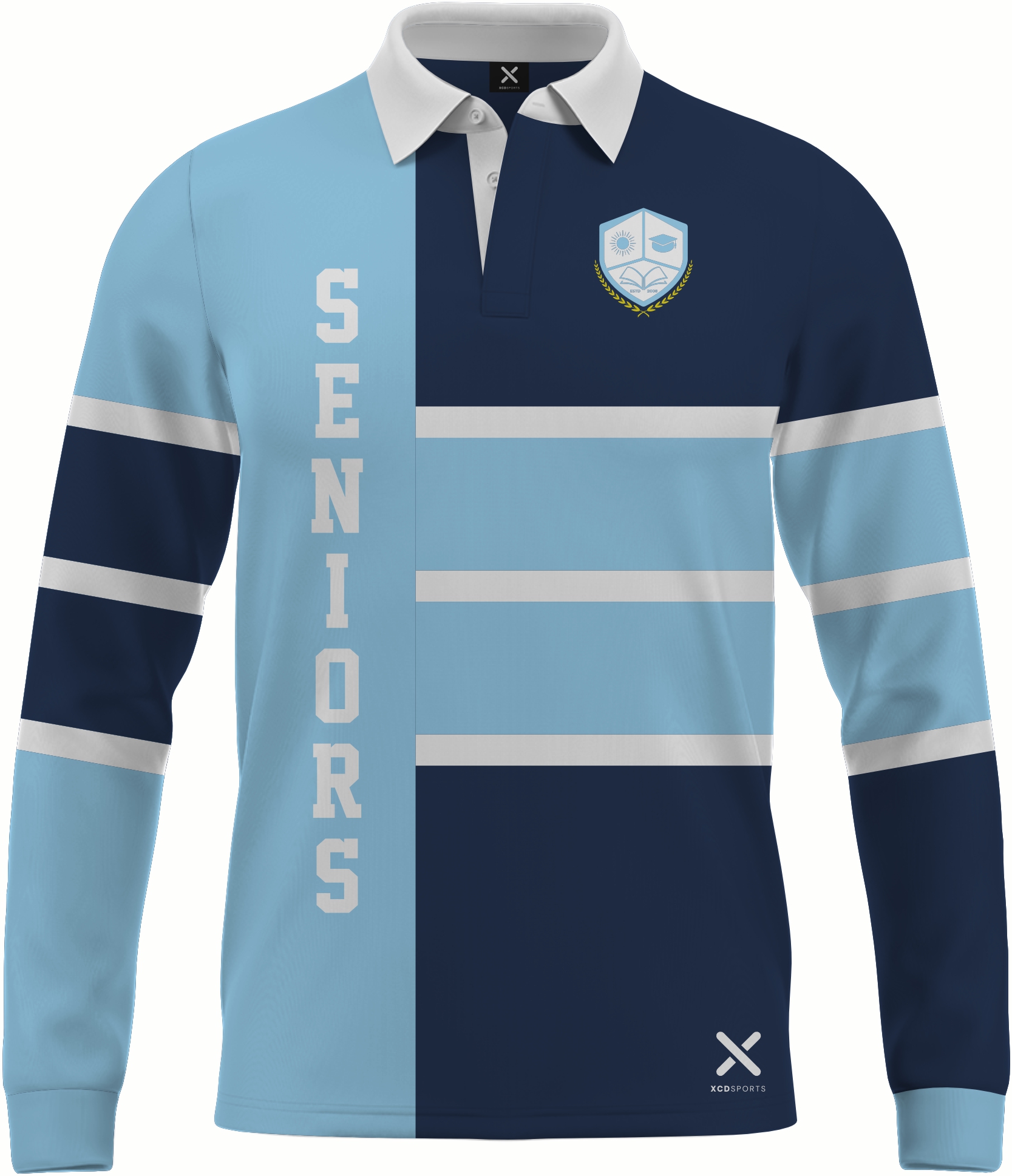 Design 5 – Bold Bands – Navy / Sky Blue School Leavers Jersey