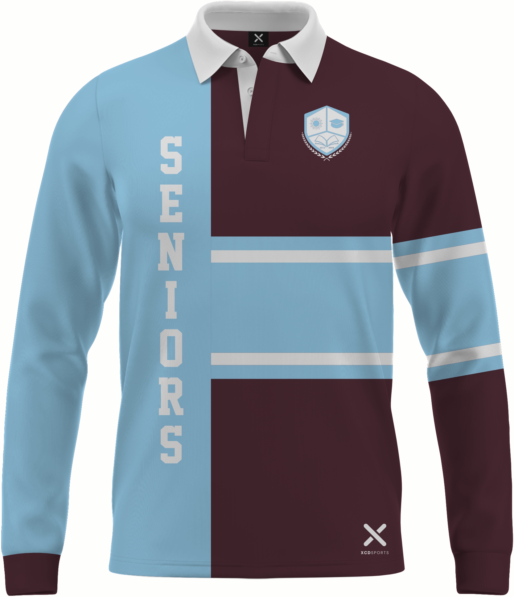 Design 8 – Rugby Split – Maroon / Sky Blue School Leavers Jersey