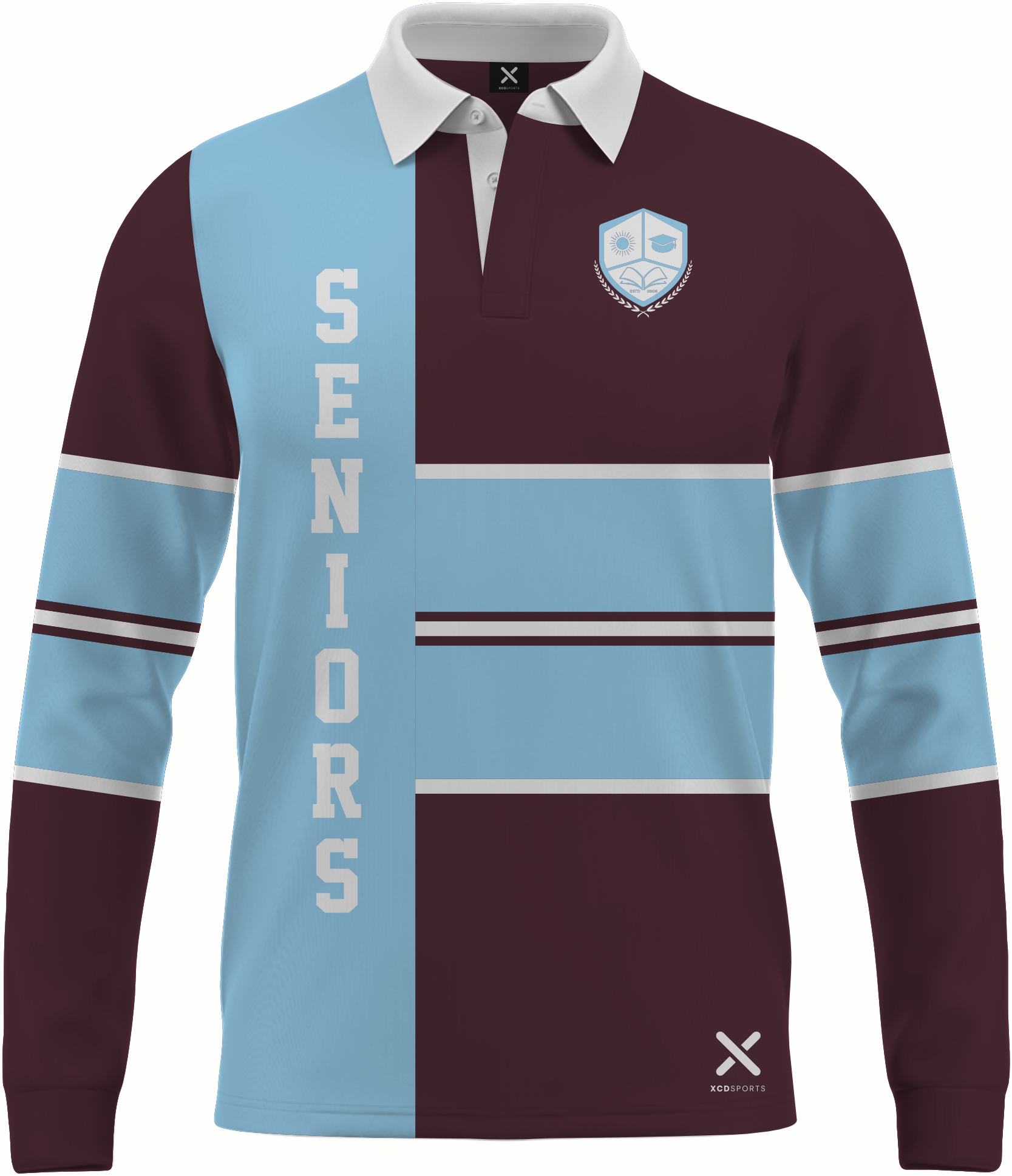 Design 7 – Cross Stripe – Maroon / Sky Blue School Leavers Jersey