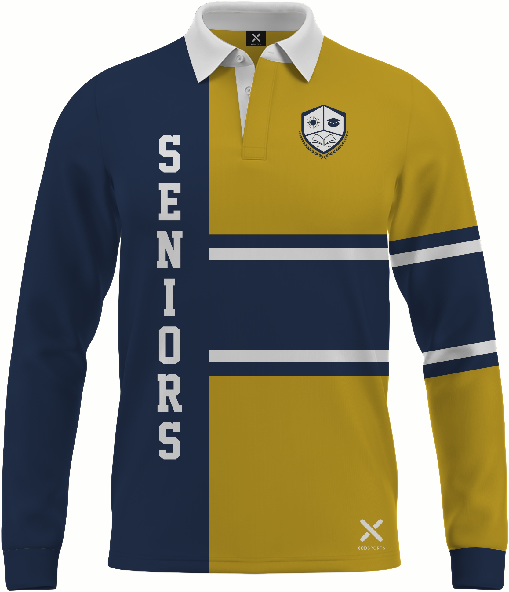 Design 8 – Rugby Split – Navy / Gold School Leavers Jersey