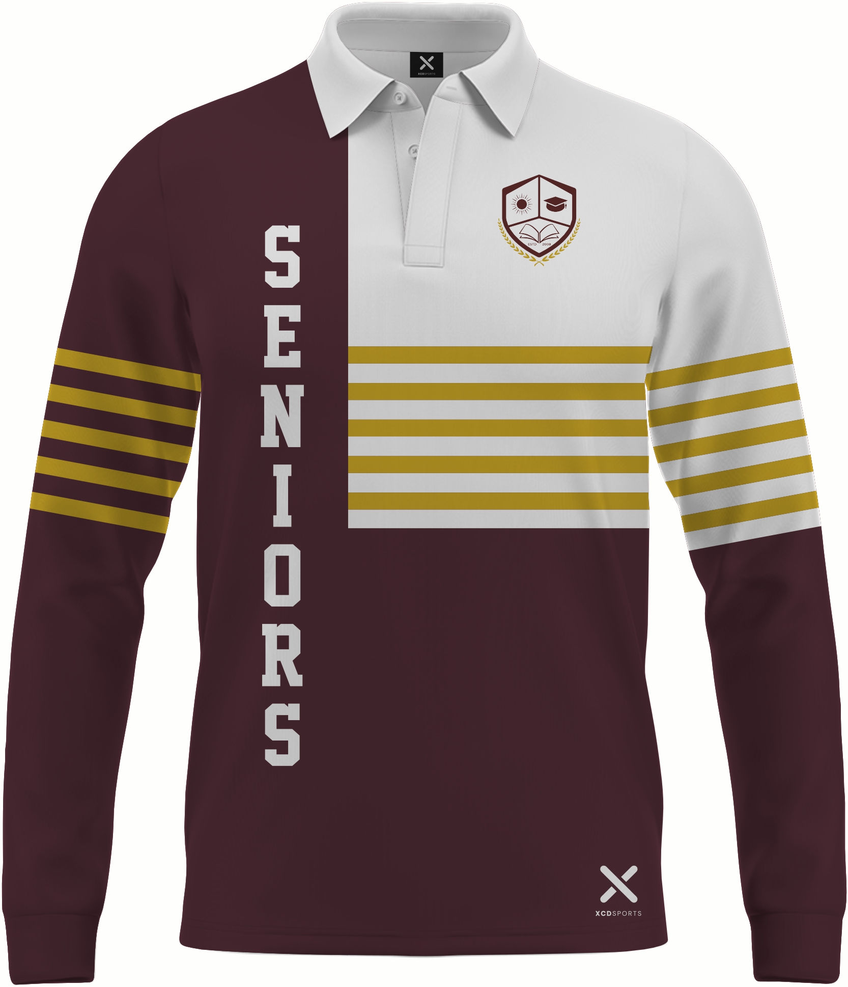 Design 6 – Quarter Block – Maroon / White / Gold School Leavers Jersey
