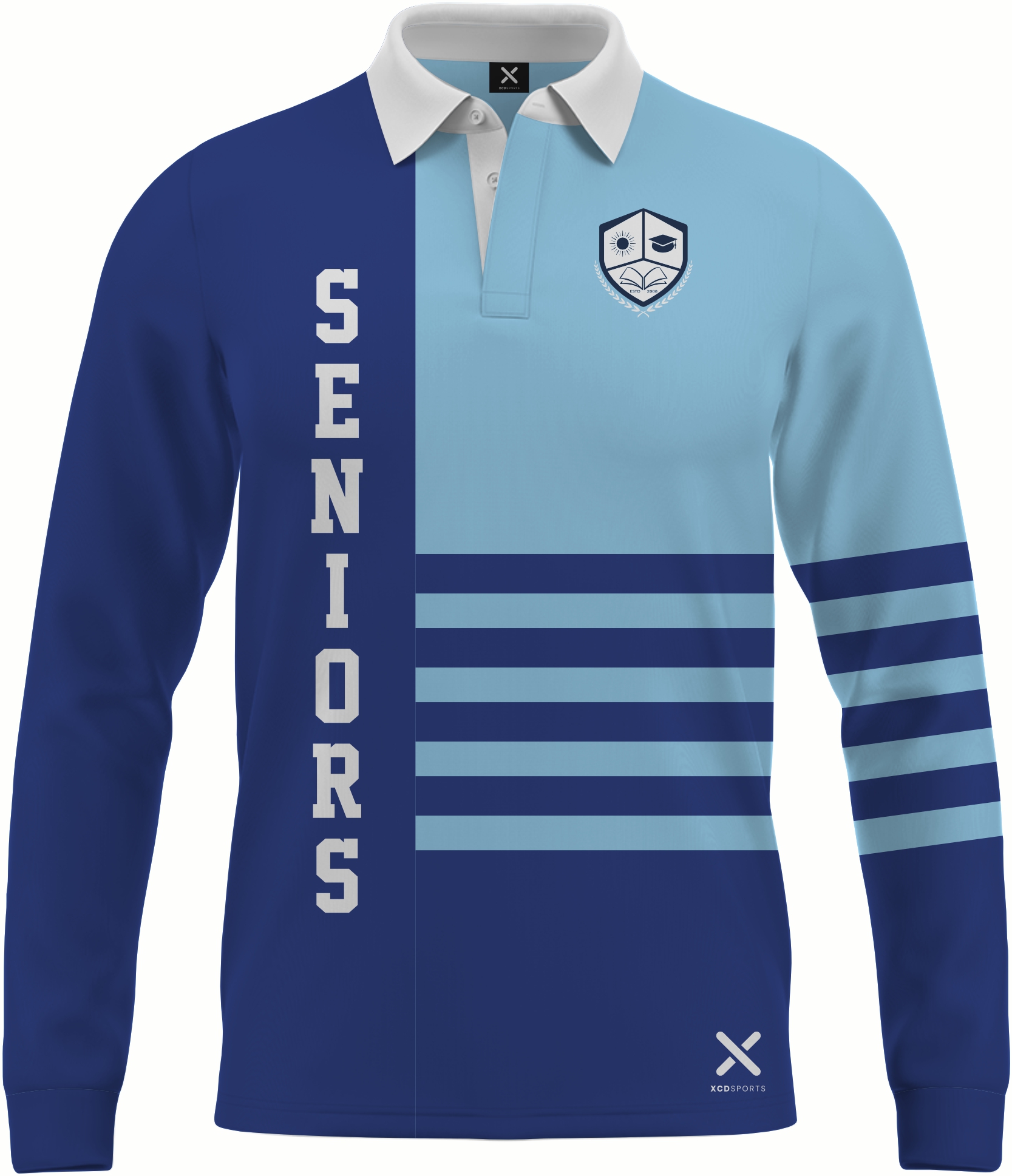 Design 4 – Seniors Long Sleeve – Royal Blue / Sky Blue School Leavers Jersey