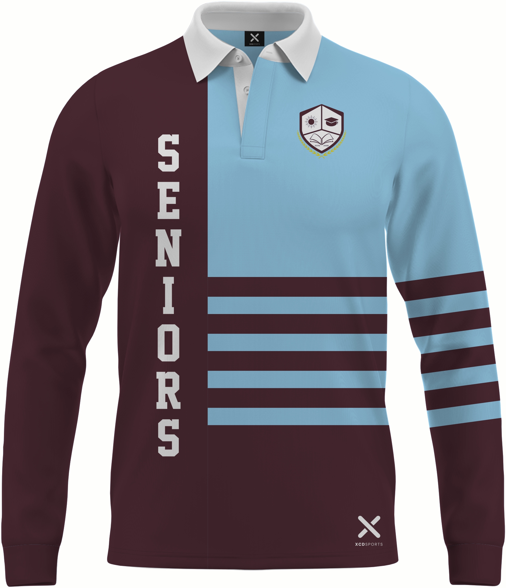 Design 4 – Seniors Long Sleeve – Maroon / Sky Blue School Leavers Jersey