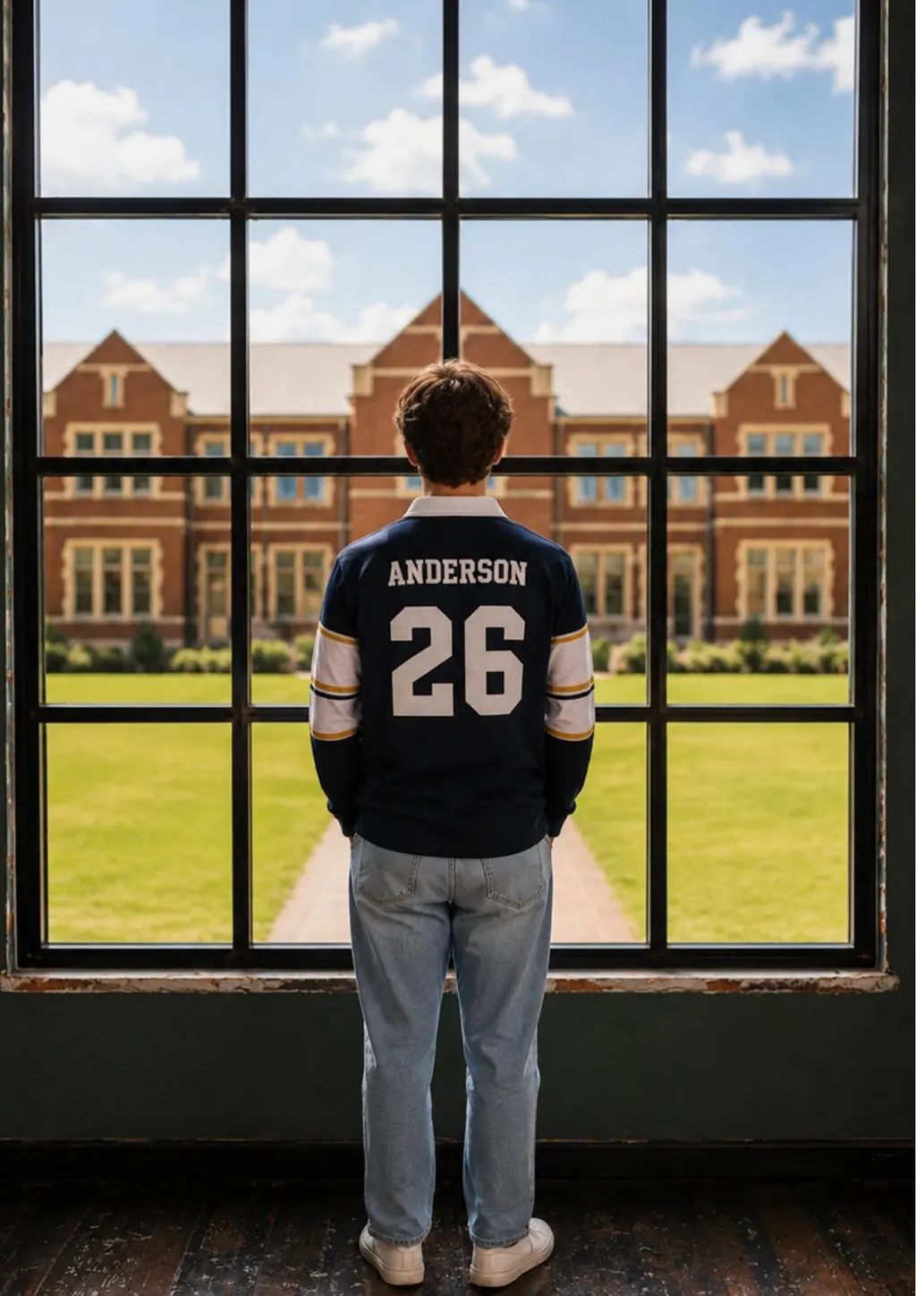 Student wearing a custom Anderson 26 navy School Leavers jersey at school