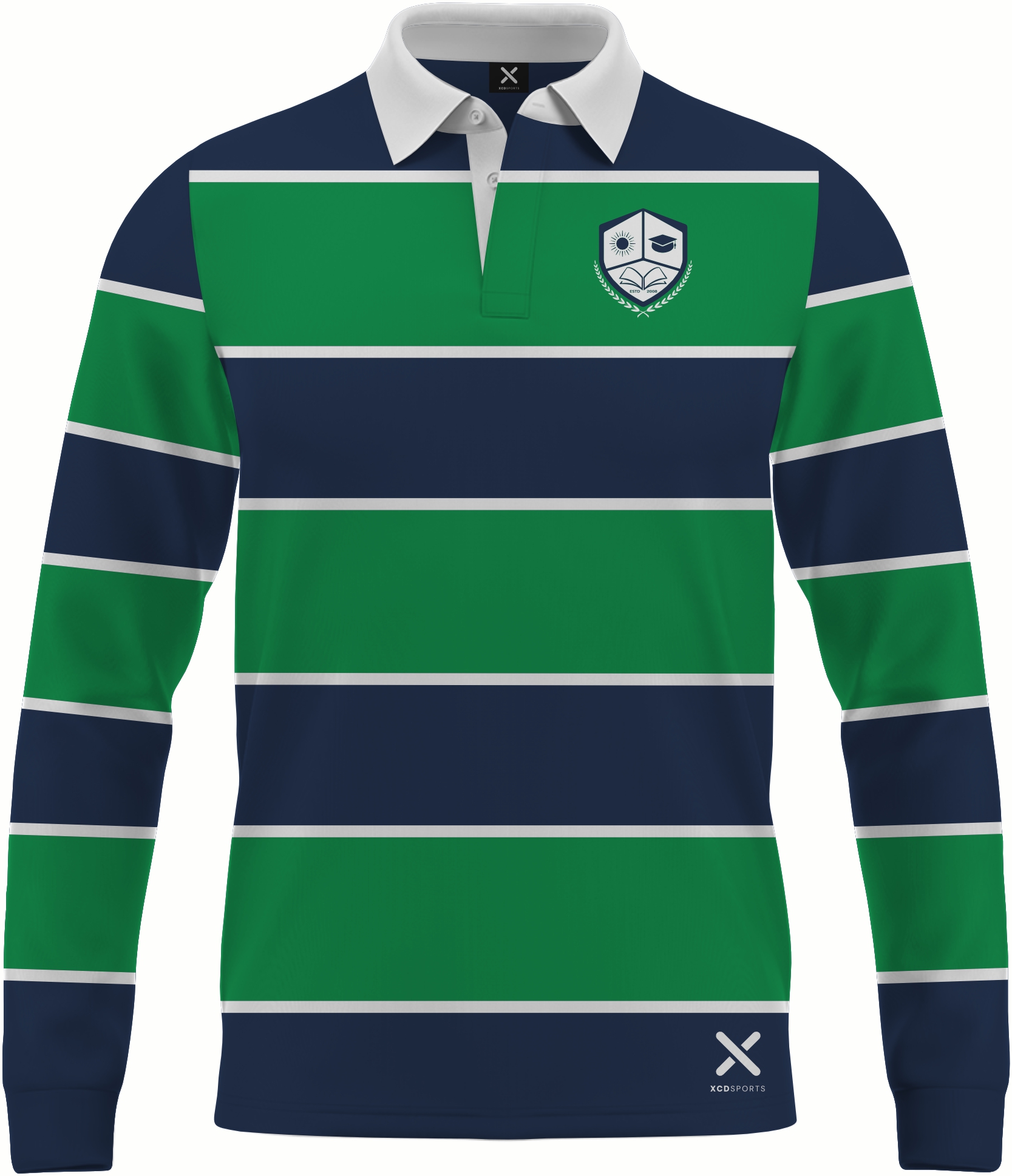 Design 14 – Banded Hoops – Navy / Green School Leavers Jersey