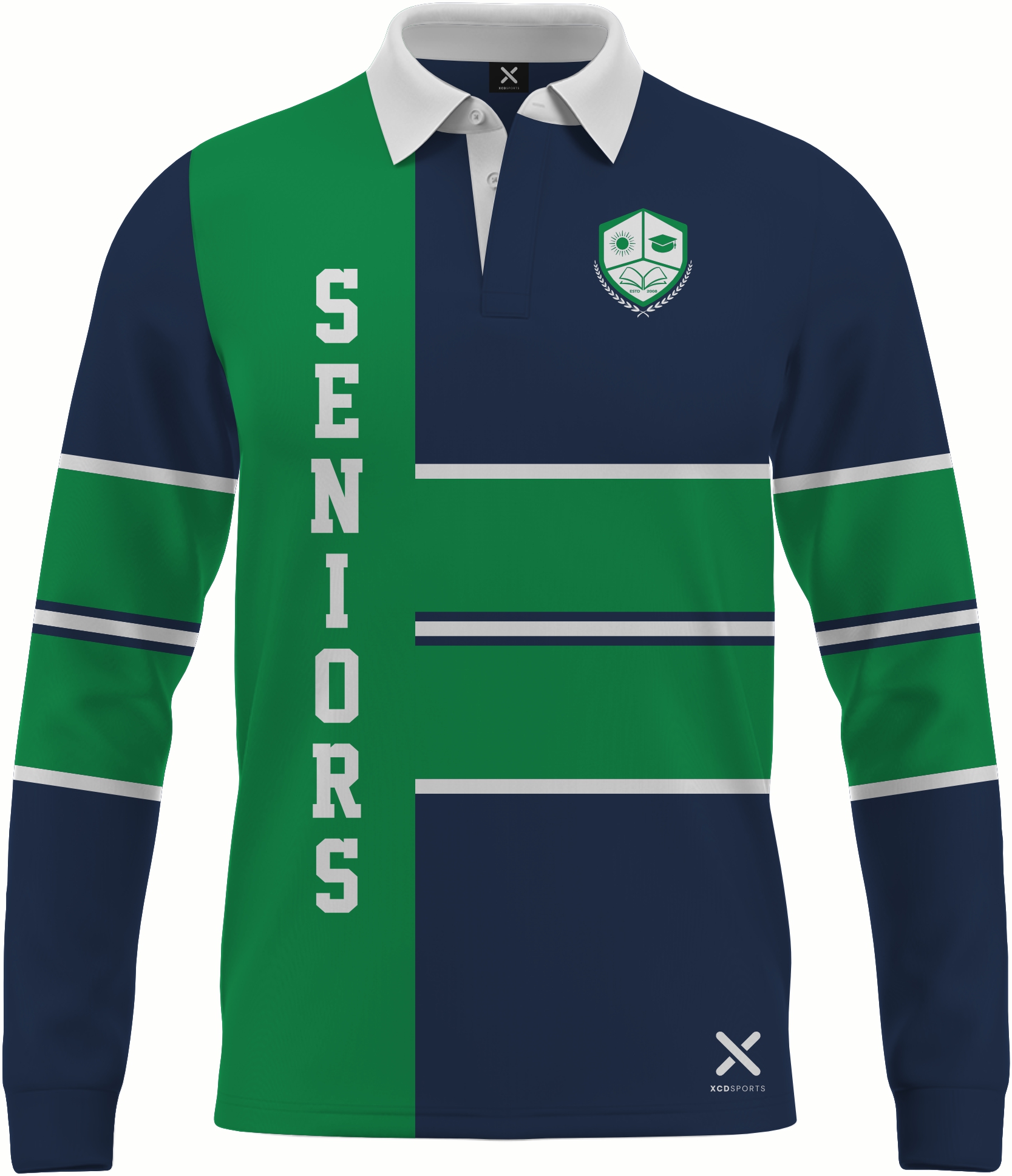 Design 7 – Cross Stripe – Navy / Green School Leavers Jersey