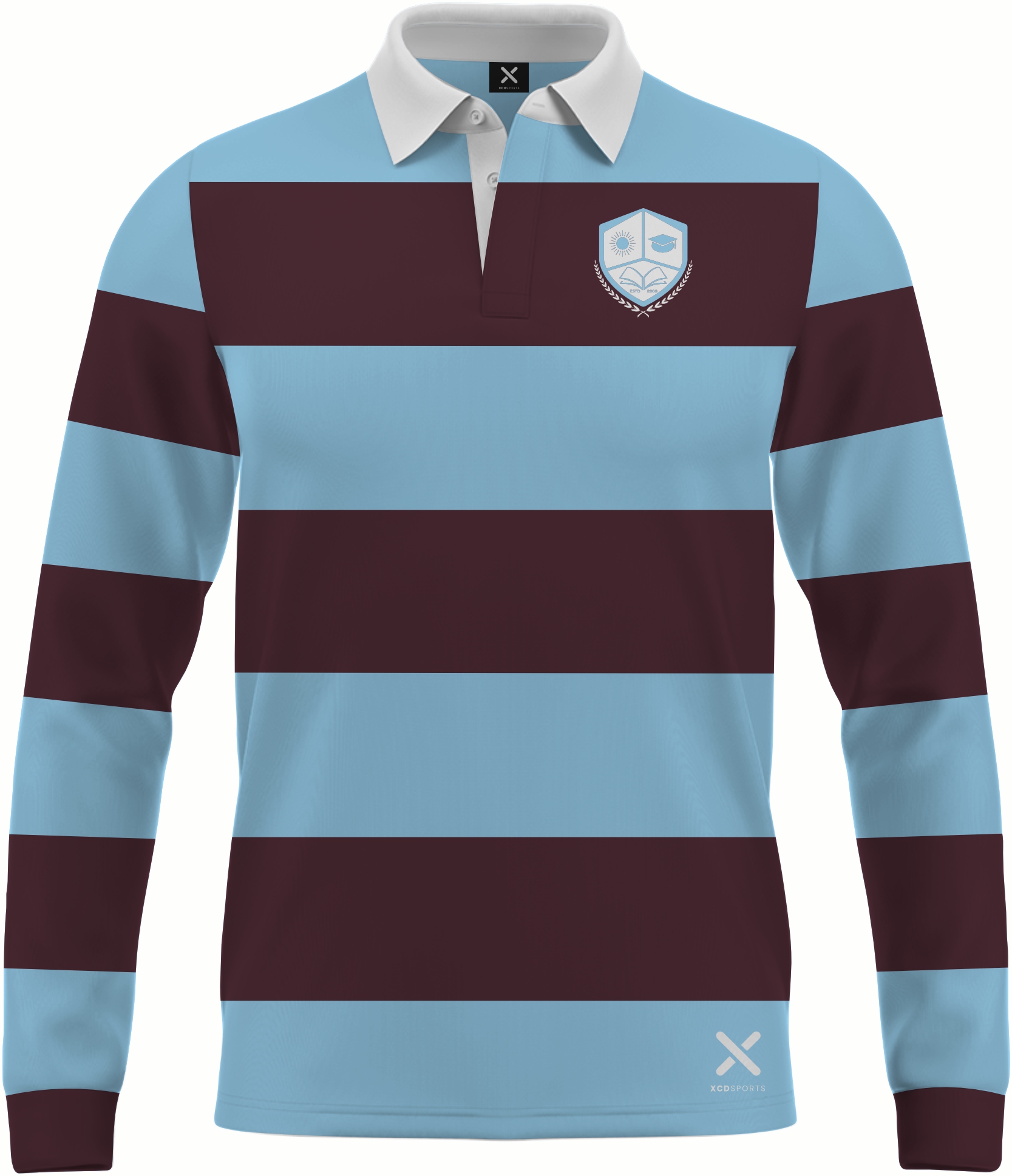 Design 13 – Classic Hoops – Maroon / Sky Blue School Leavers Jersey