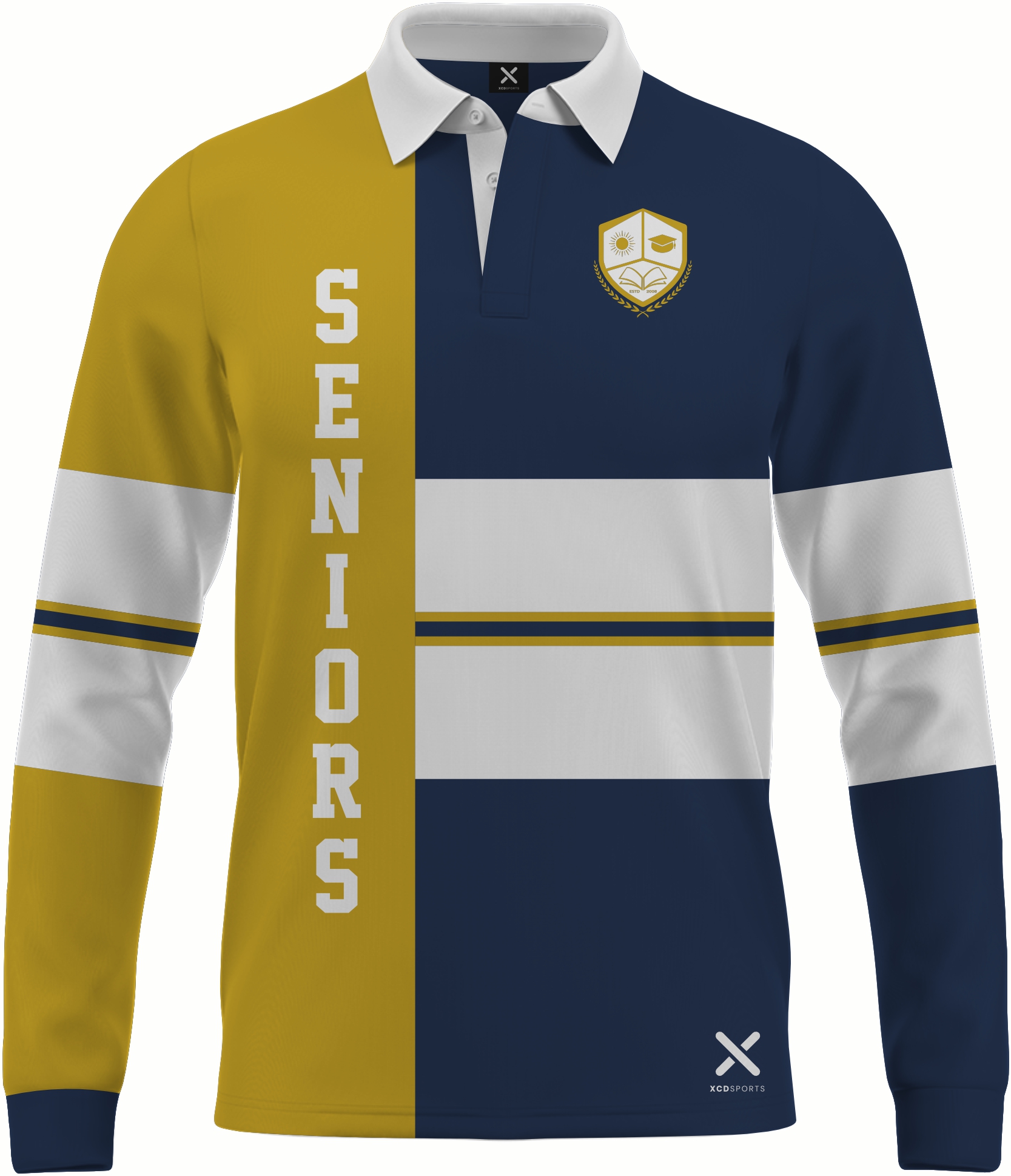 Design 11 – Cross Stripe – Navy / Gold School Leavers Jersey