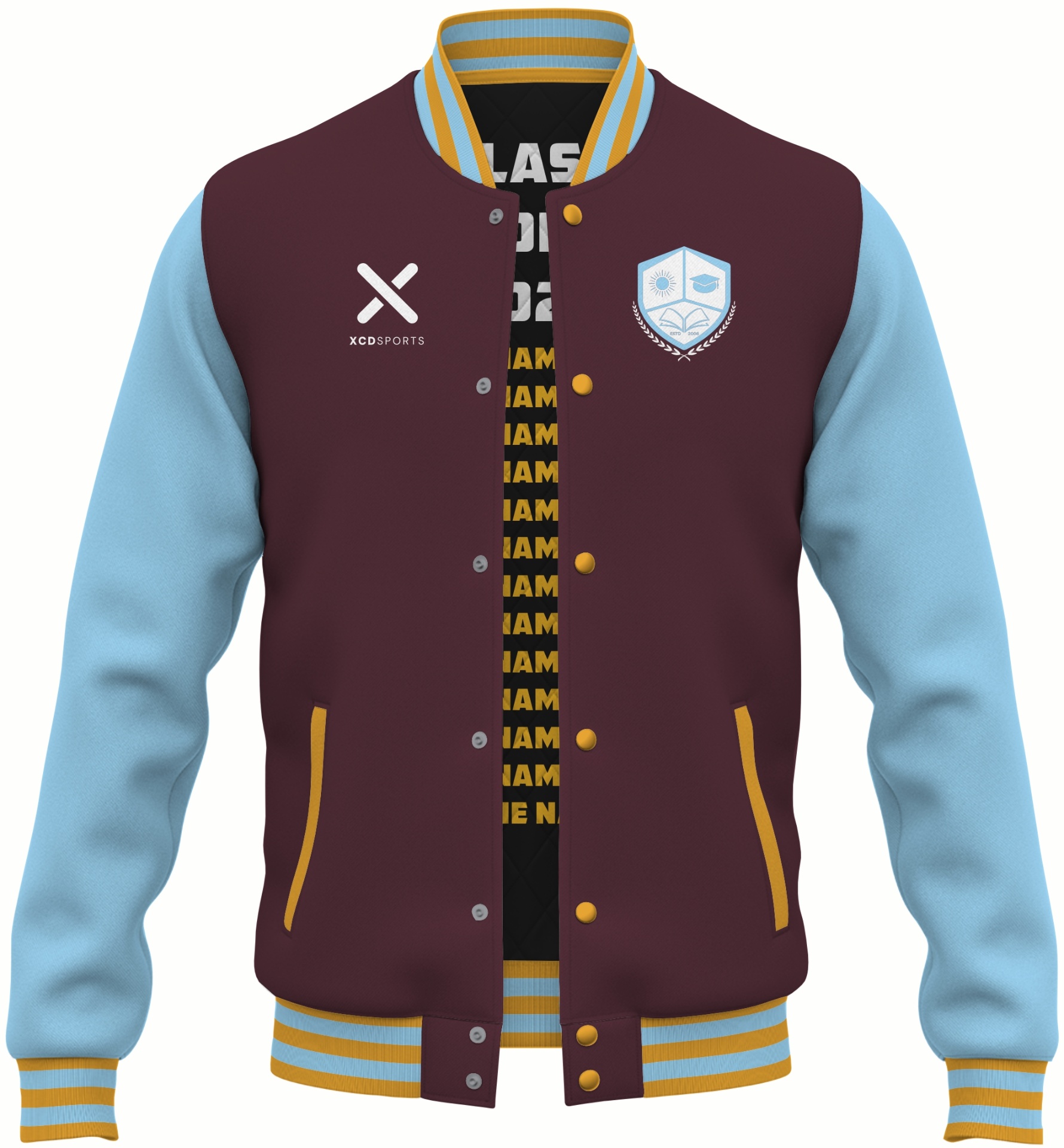 Varsity Design 28 – Two-Tone Raglan – Maroon / Sky Blue / Gold Varsity Jacket