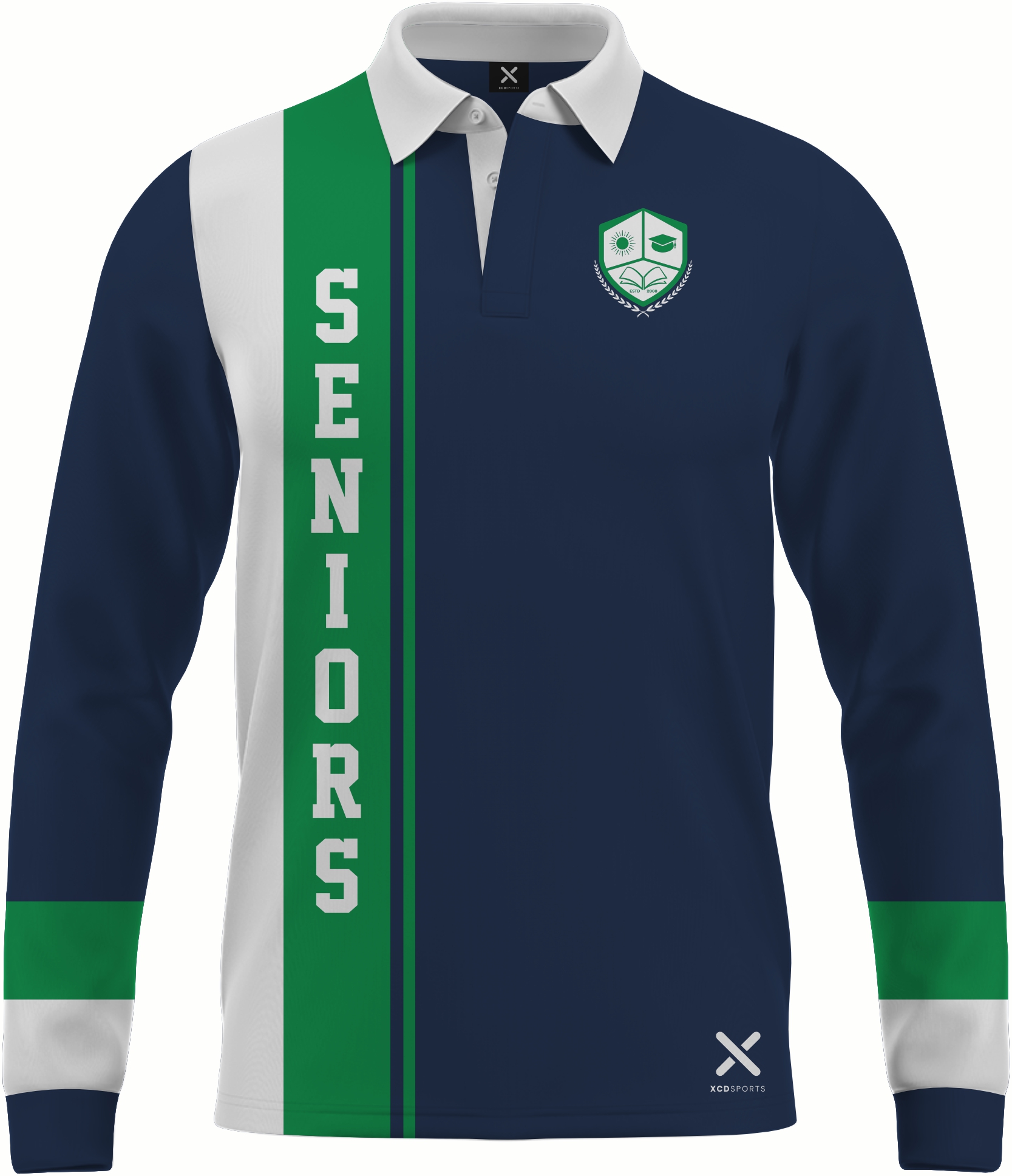 Design 2 – Vertical Stripe – Navy / Green / White School Leavers Jersey