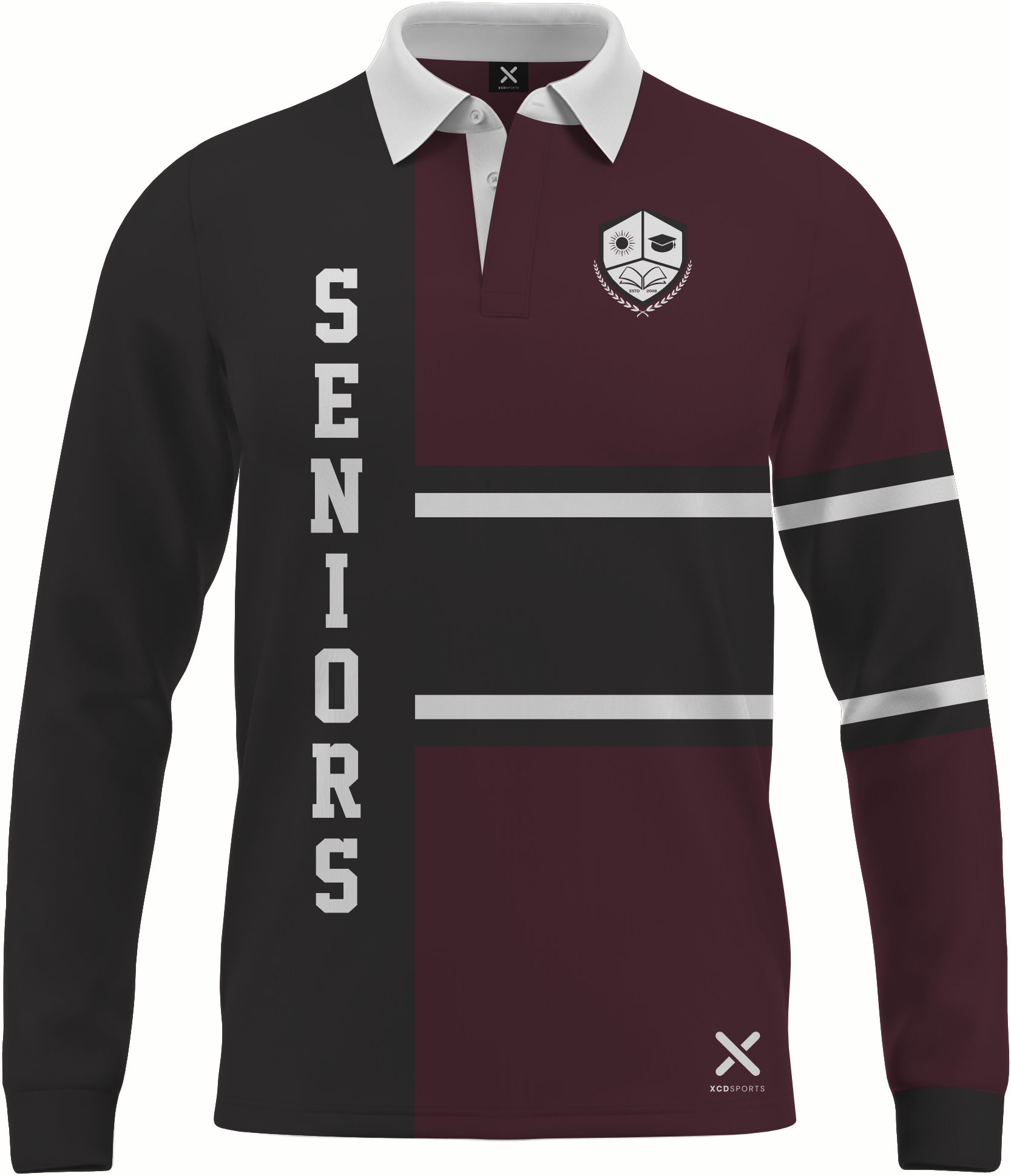 Design 8 – Rugby Split – Black / Maroon School Leavers Jersey