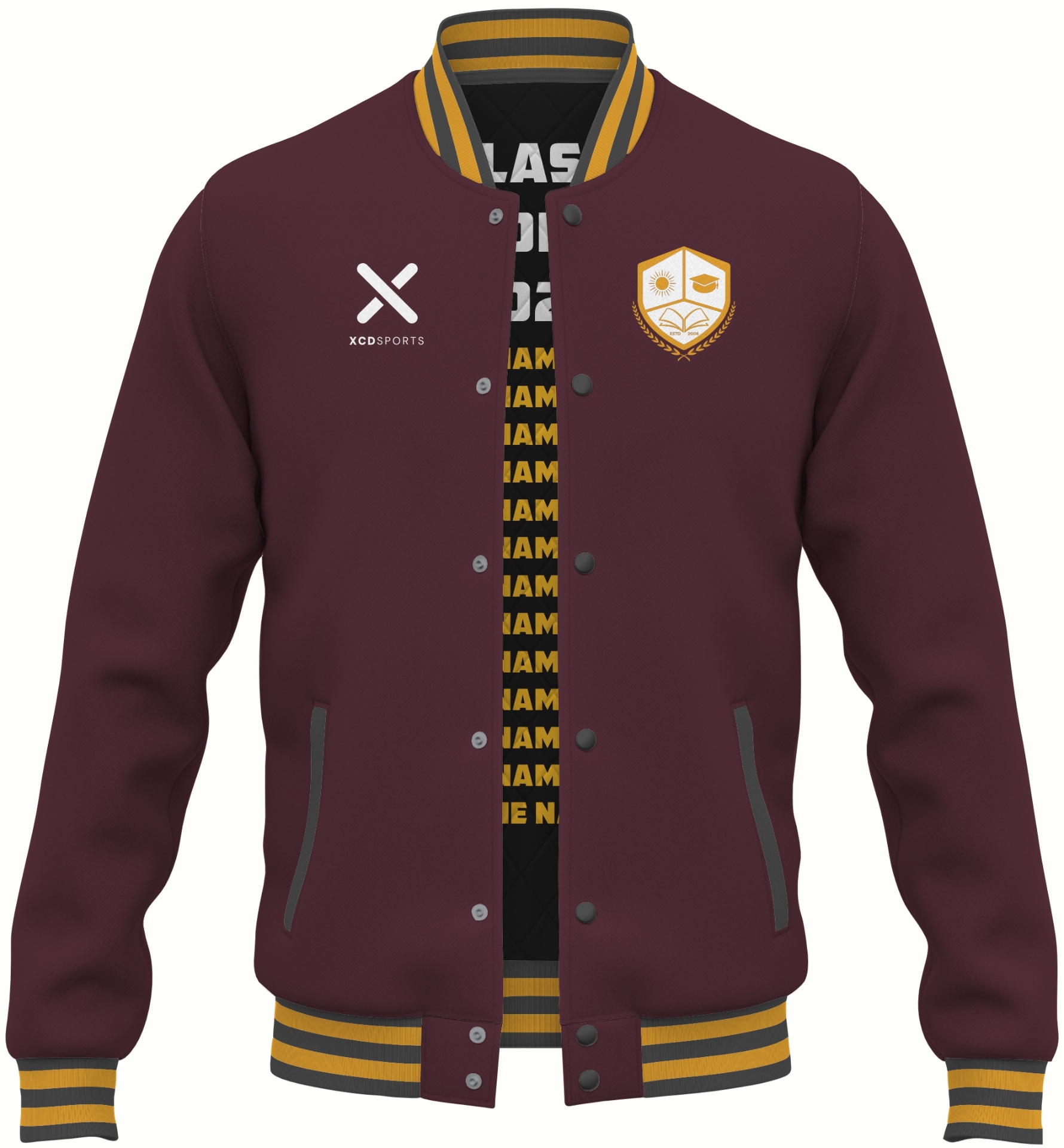 Varsity Design 31 – Two-Tone Raglan – Maroon / Gold / Charcoal Varsity Jacket