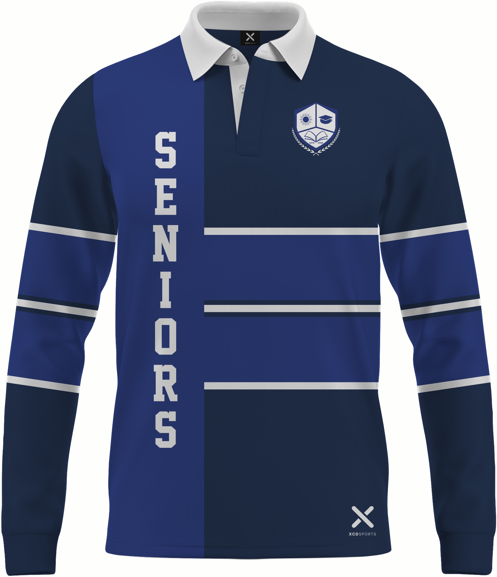 Design 7 – Cross Stripe – Navy / Royal Blue School Leavers Jersey