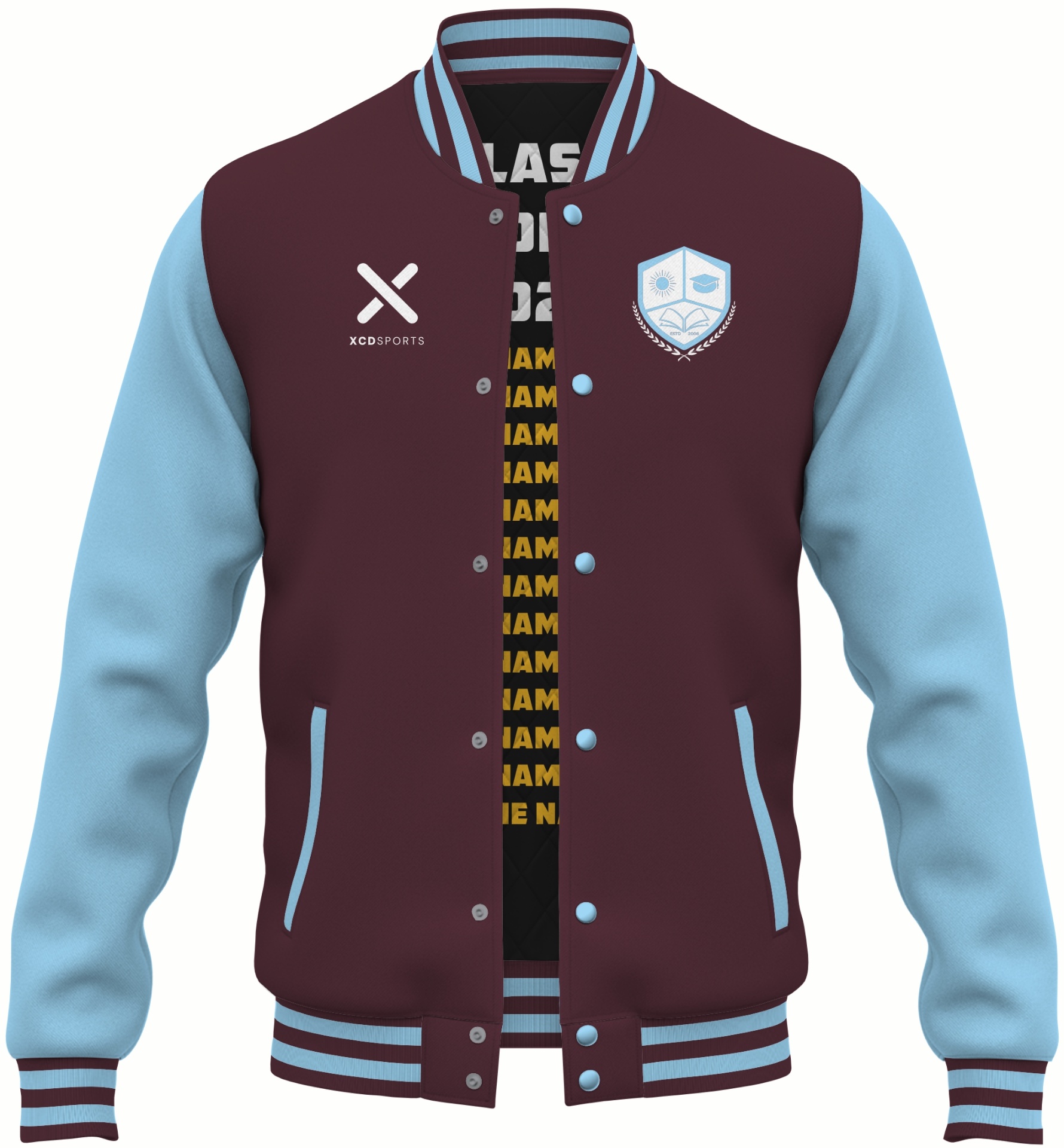 Varsity Design 4 – Two-Tone Raglan – Maroon / Sky Blue Varsity Jacket