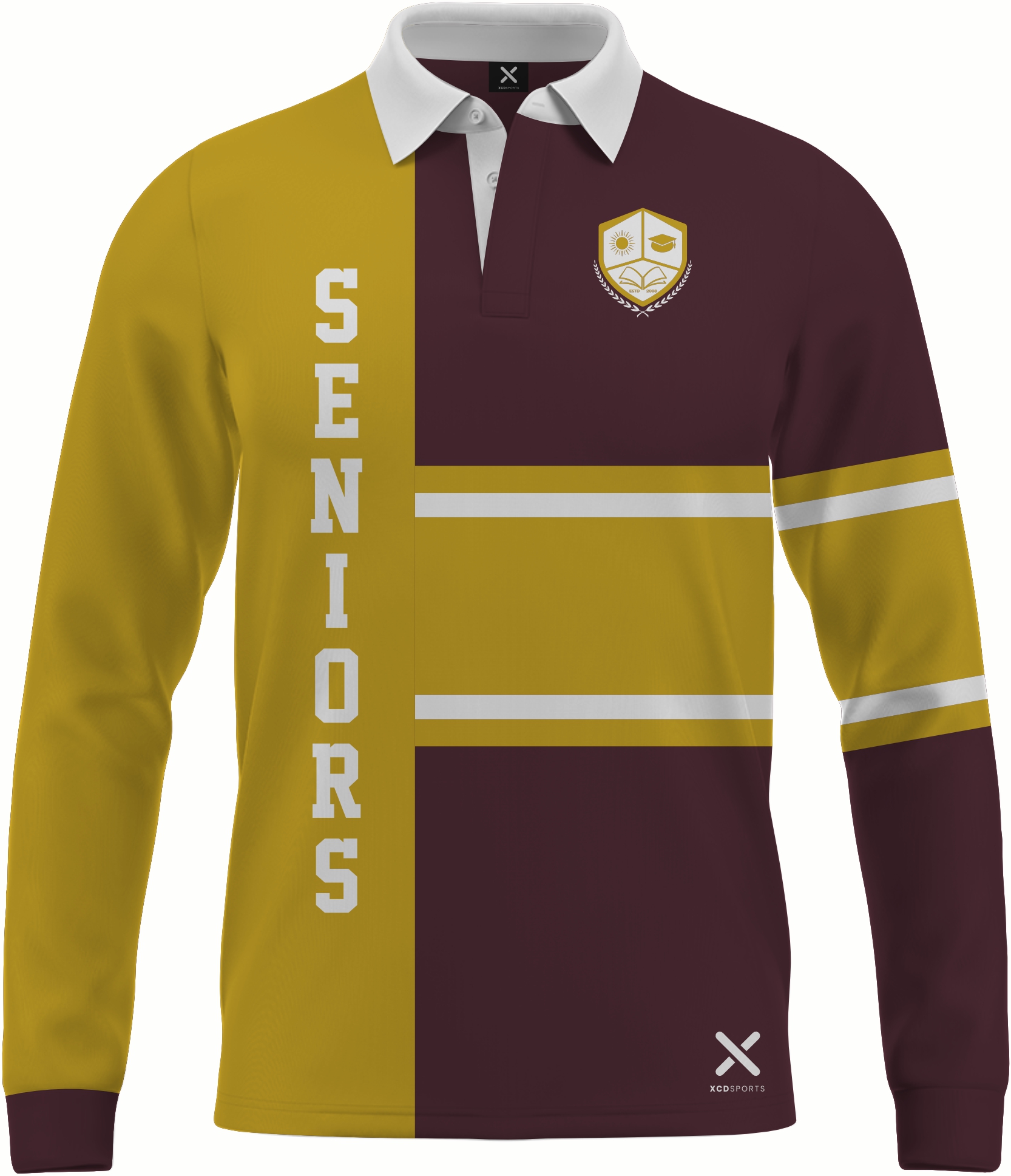 Design 8 – Rugby Split – Maroon / Gold School Leavers Jersey