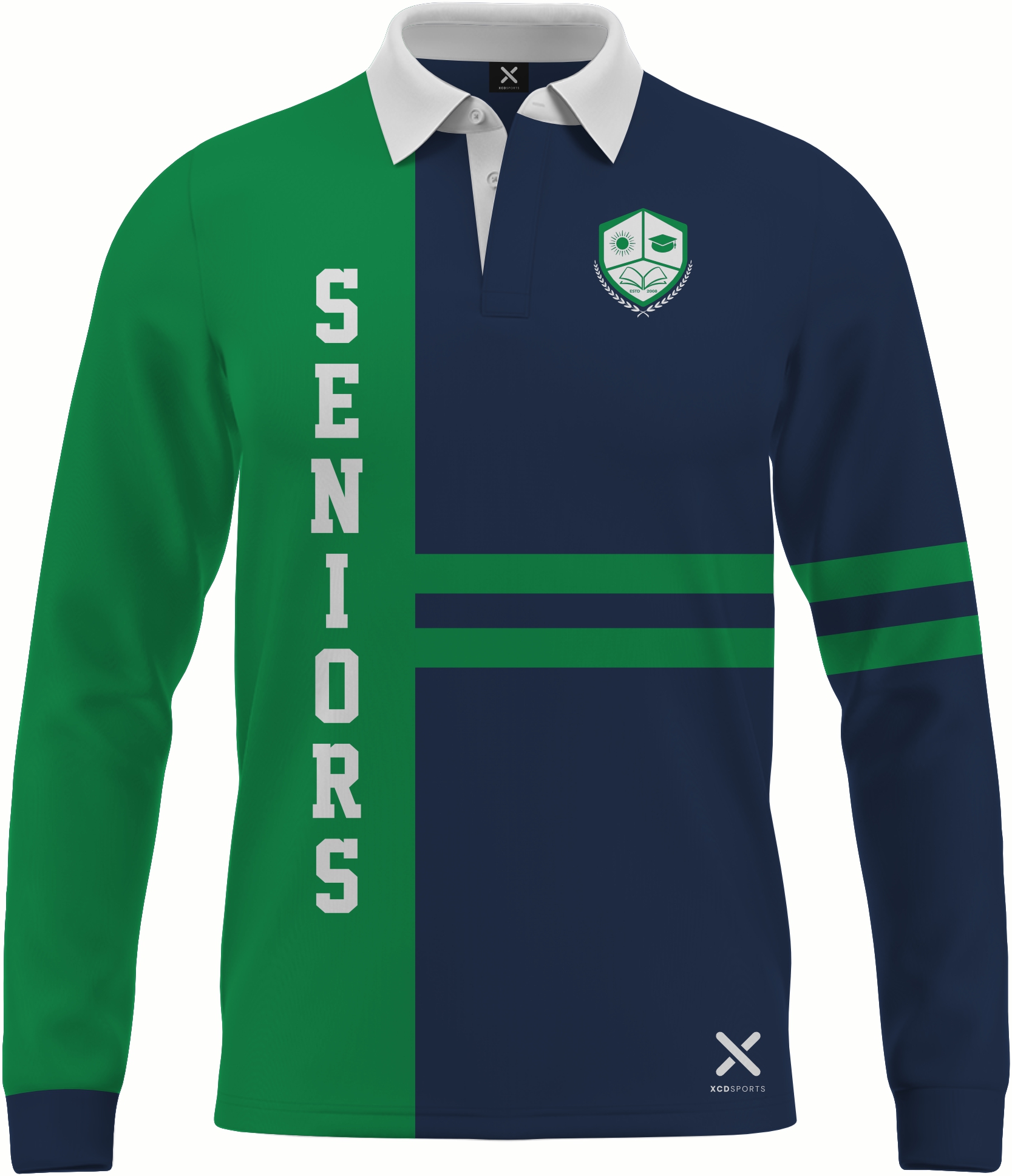 Design 9 – Twin Stripe – Navy / Green School Leavers Jersey