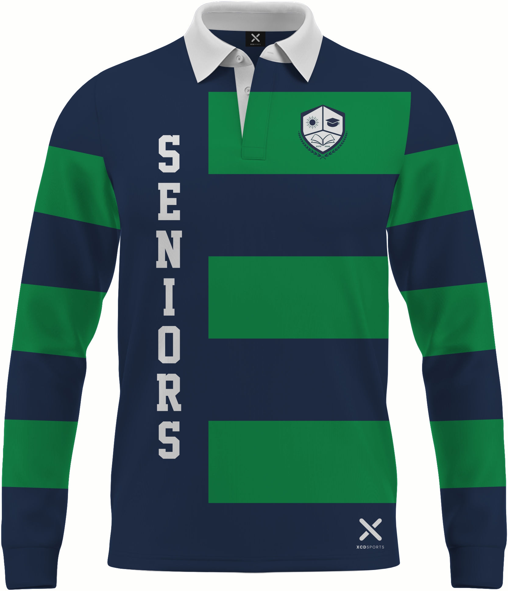 Design 1 – Hooped Classic – Navy / Green School Leavers Jersey