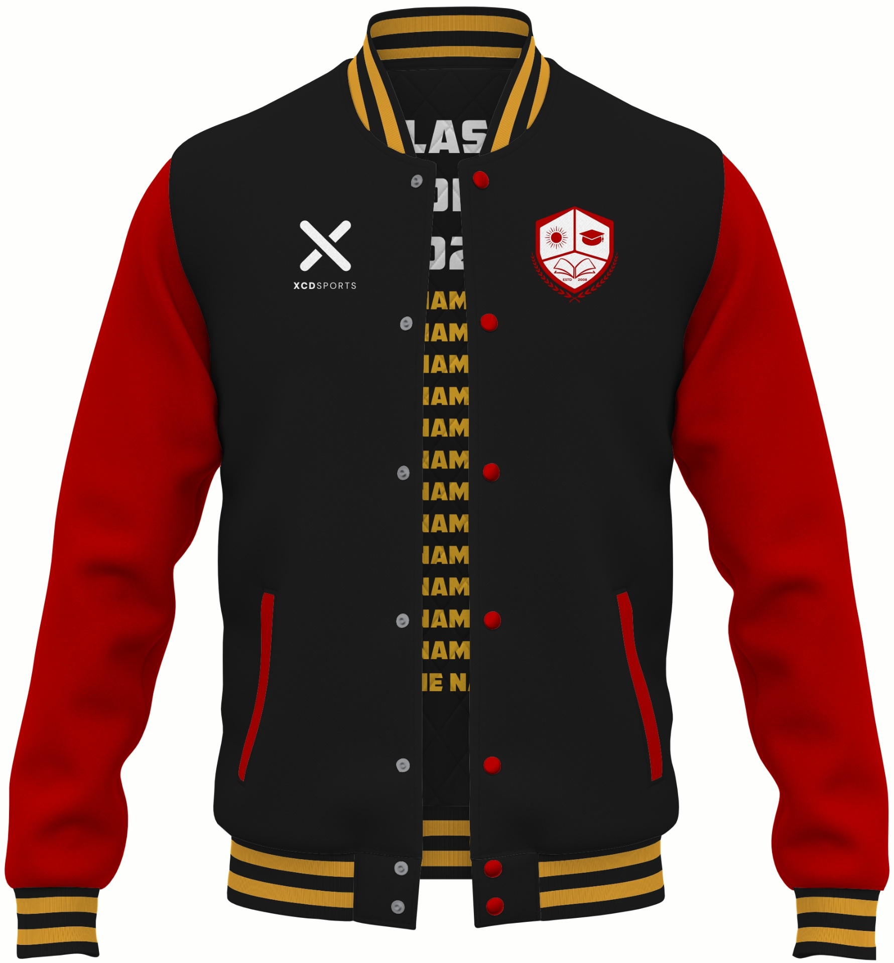 Varsity Design 34 – Two-Tone Raglan – Charcoal / Red / Gold Varsity Jacket