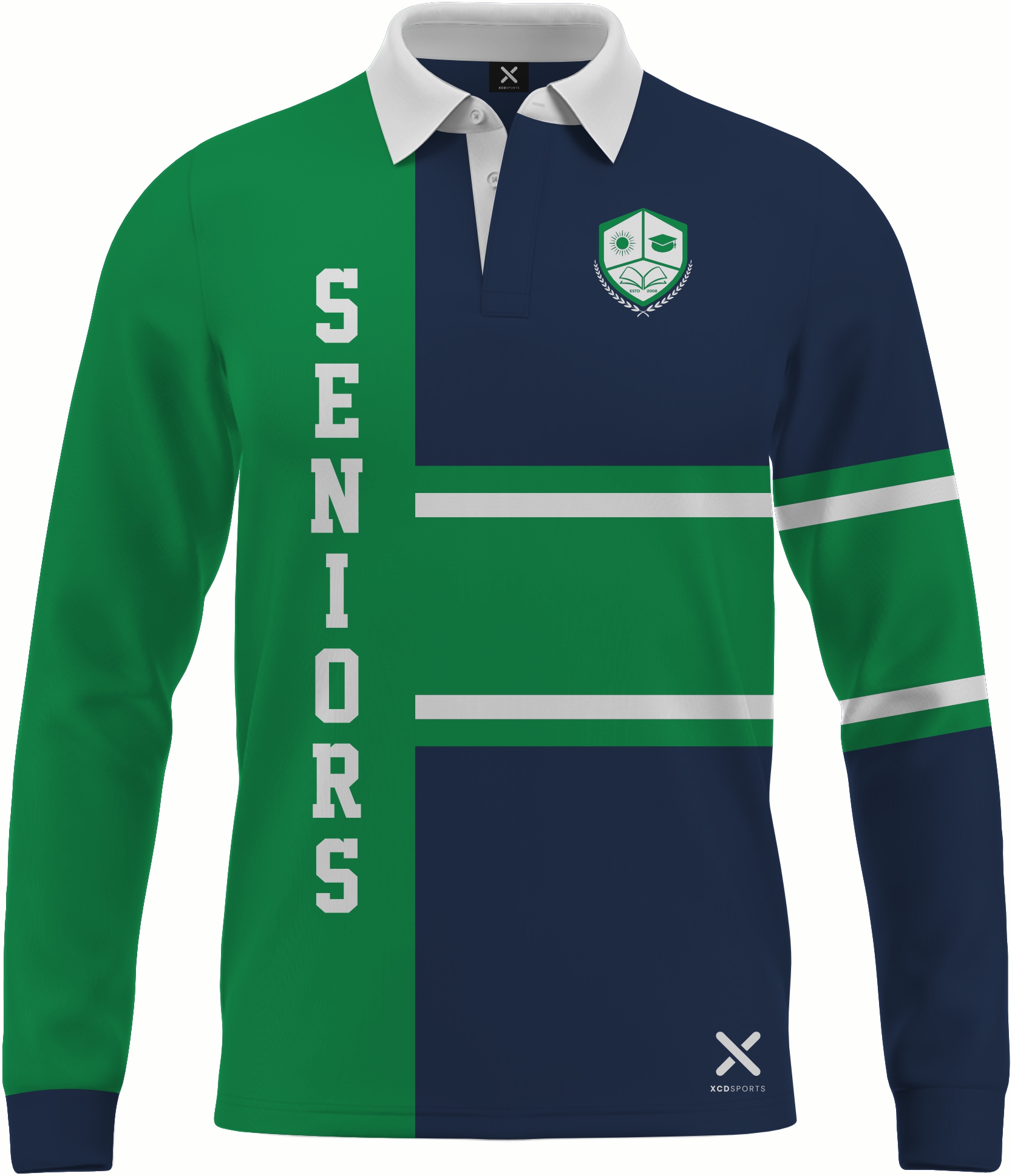 Design 8 – Rugby Split – Navy / Green School Leavers Jersey