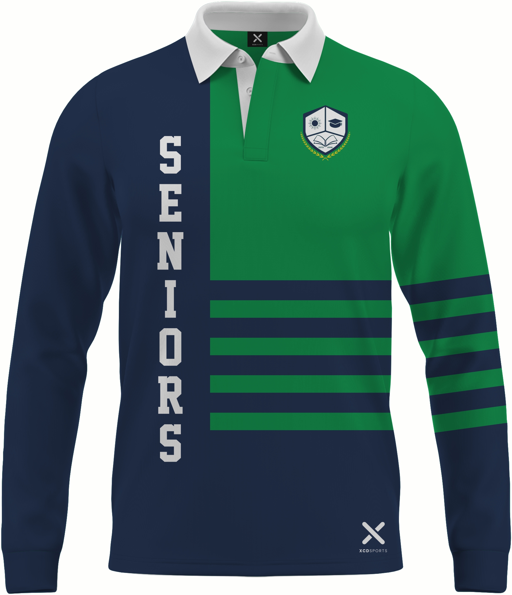 Design 4 – Seniors Long Sleeve – Navy / Green School Leavers Jersey