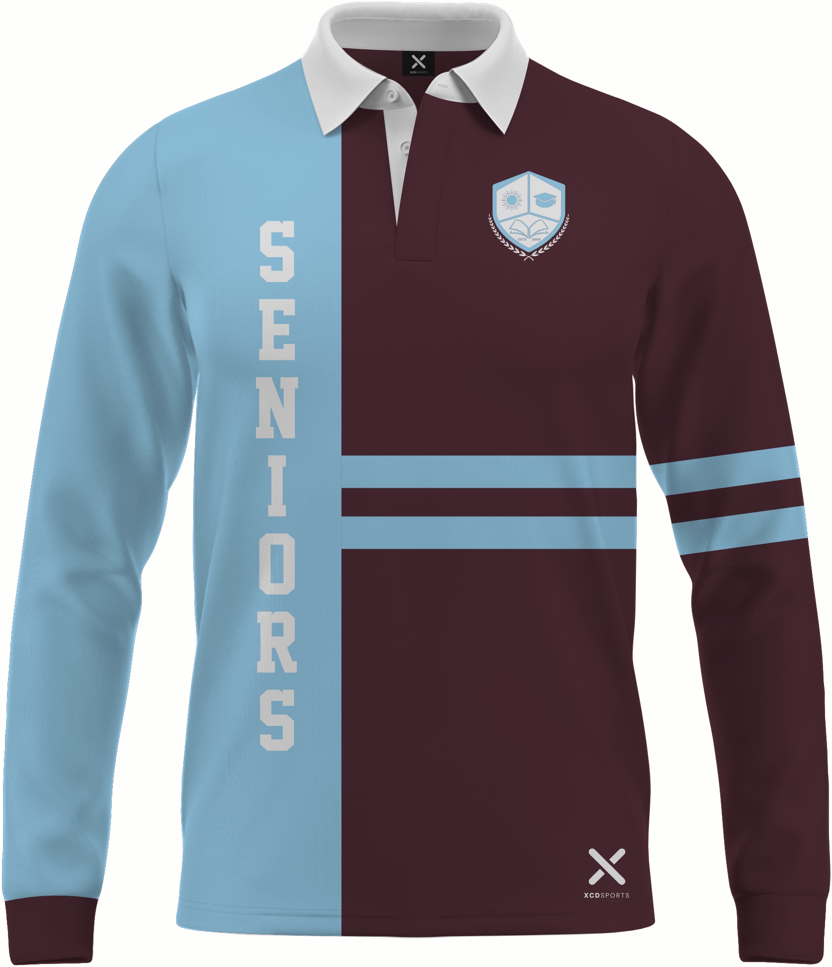 Design 9 – Twin Stripe – Maroon / Sky Blue School Leavers Jersey